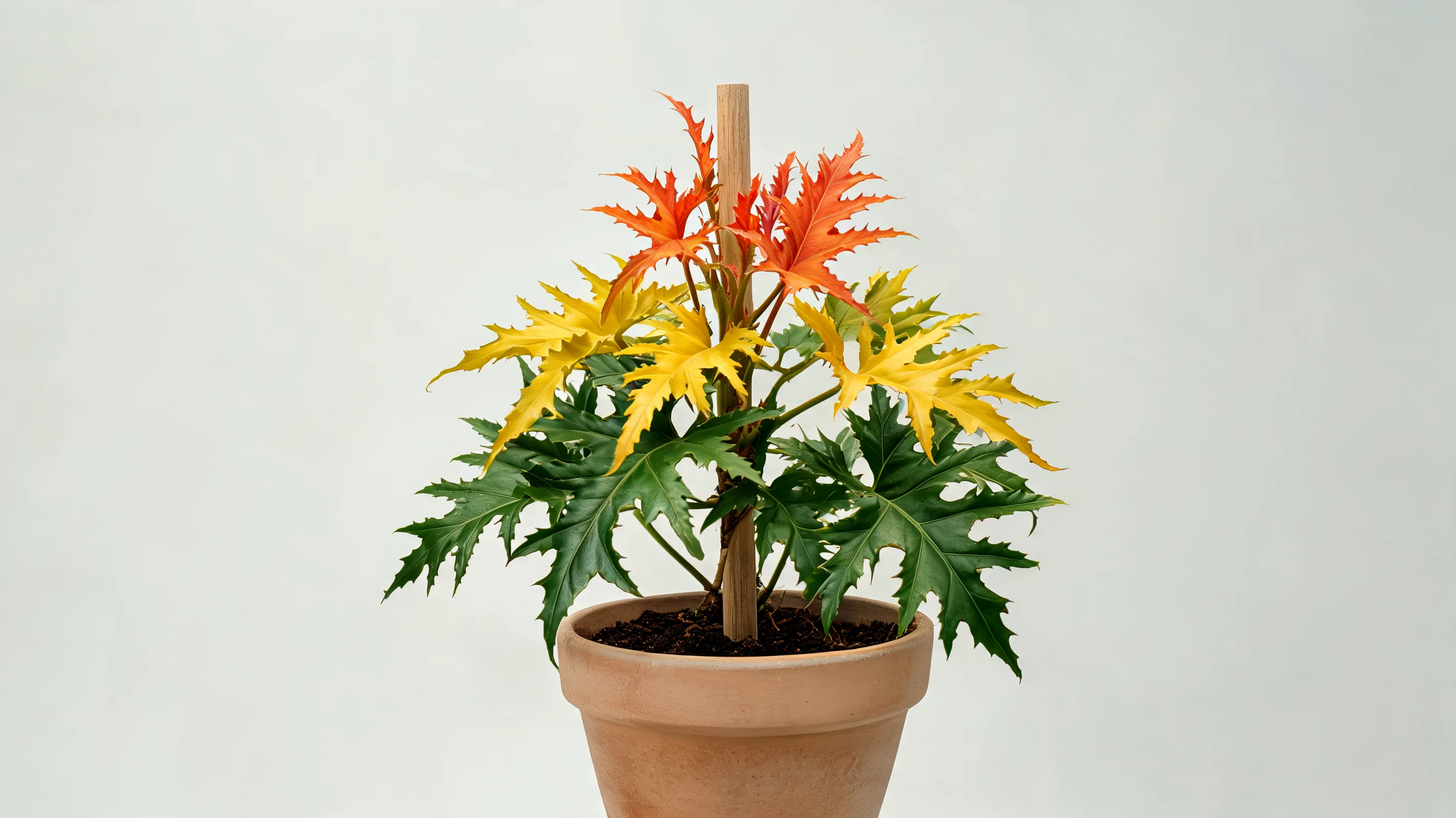 ring of fire philodendron with jagged lobed leaves shifting from orange red to yellow and green