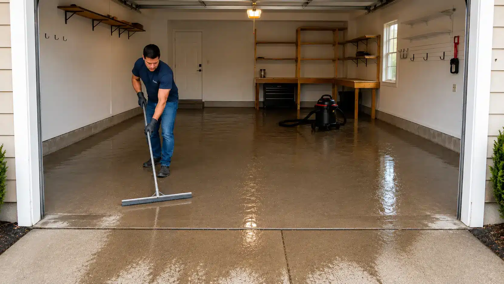 man pushing dirty rinse water toward the garage entrance with a wide floor squeegee