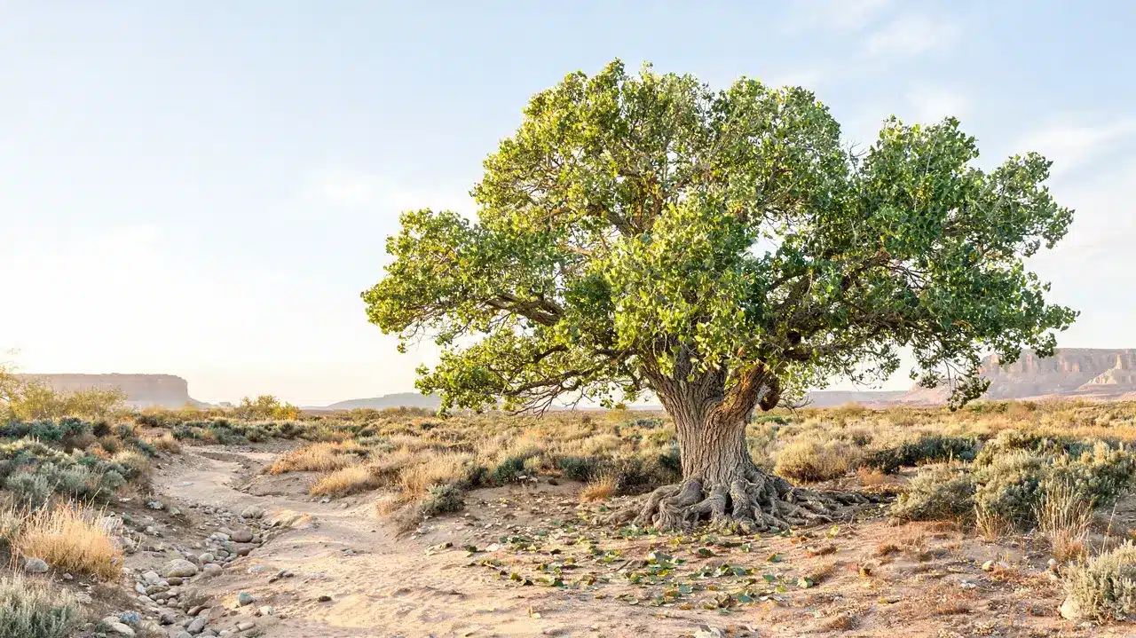 rio grande cottonwood growing in a dry desert wash with sandy ground, green leaves, and distant mesas