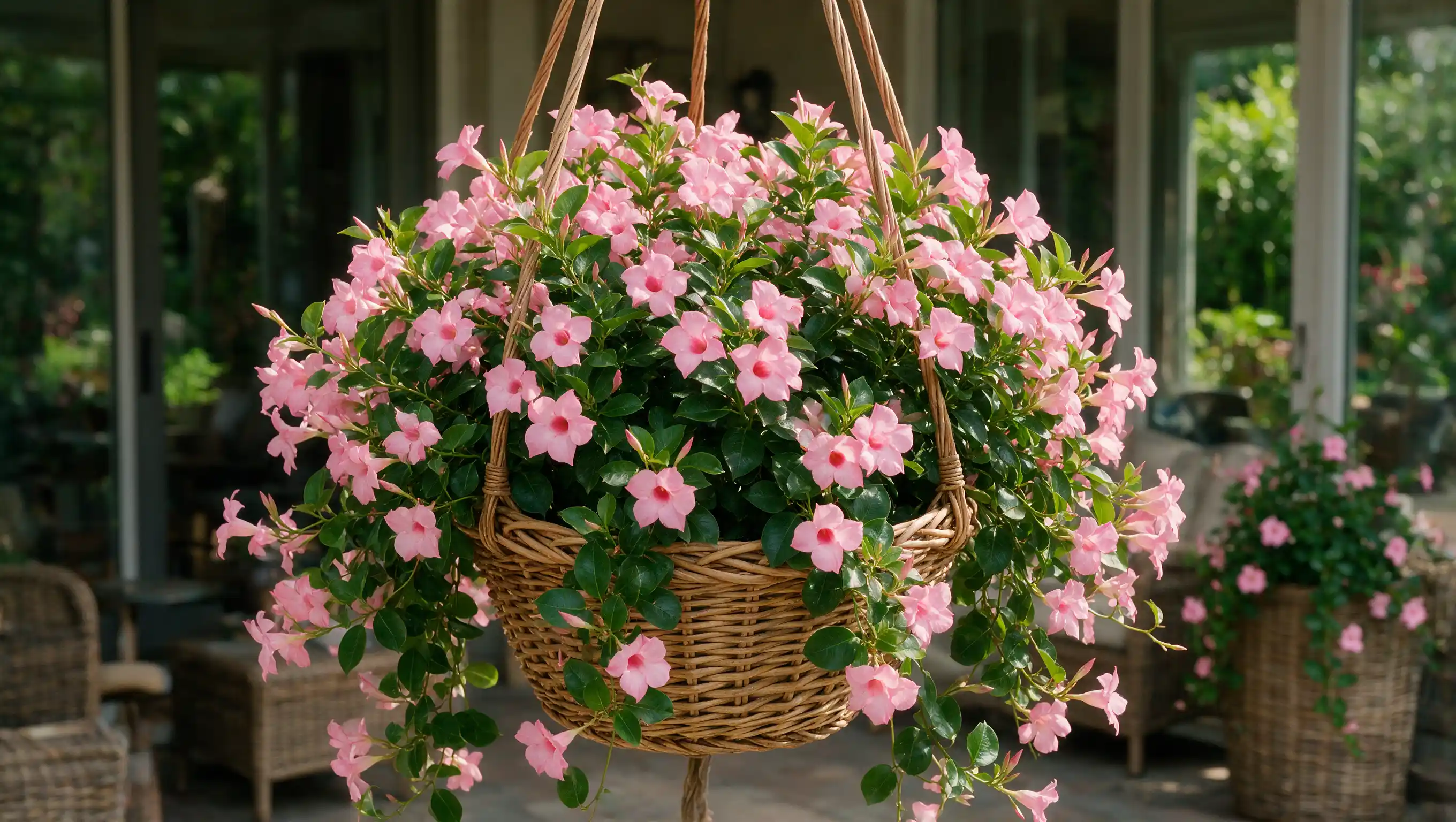 rio dipladenia variety with pink trumpet-shaped blooms growing in a container