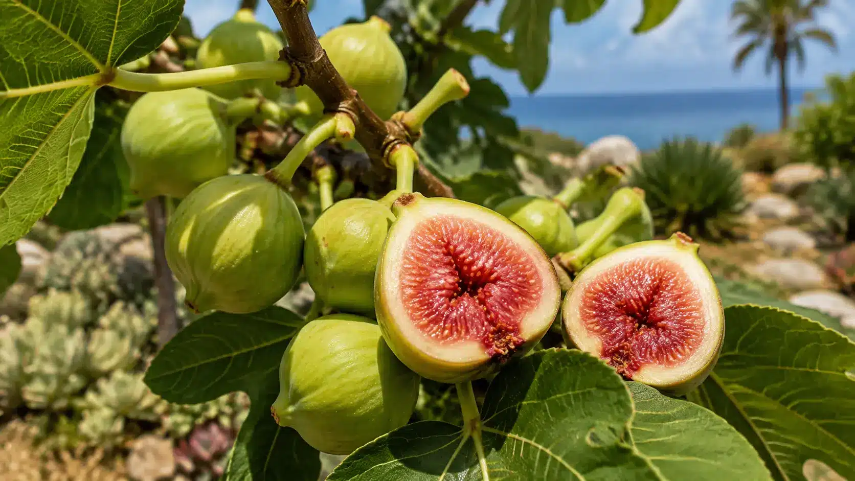 ripe desert king figs with green skin and pink red flesh growing on a sunlit coastal fig branch