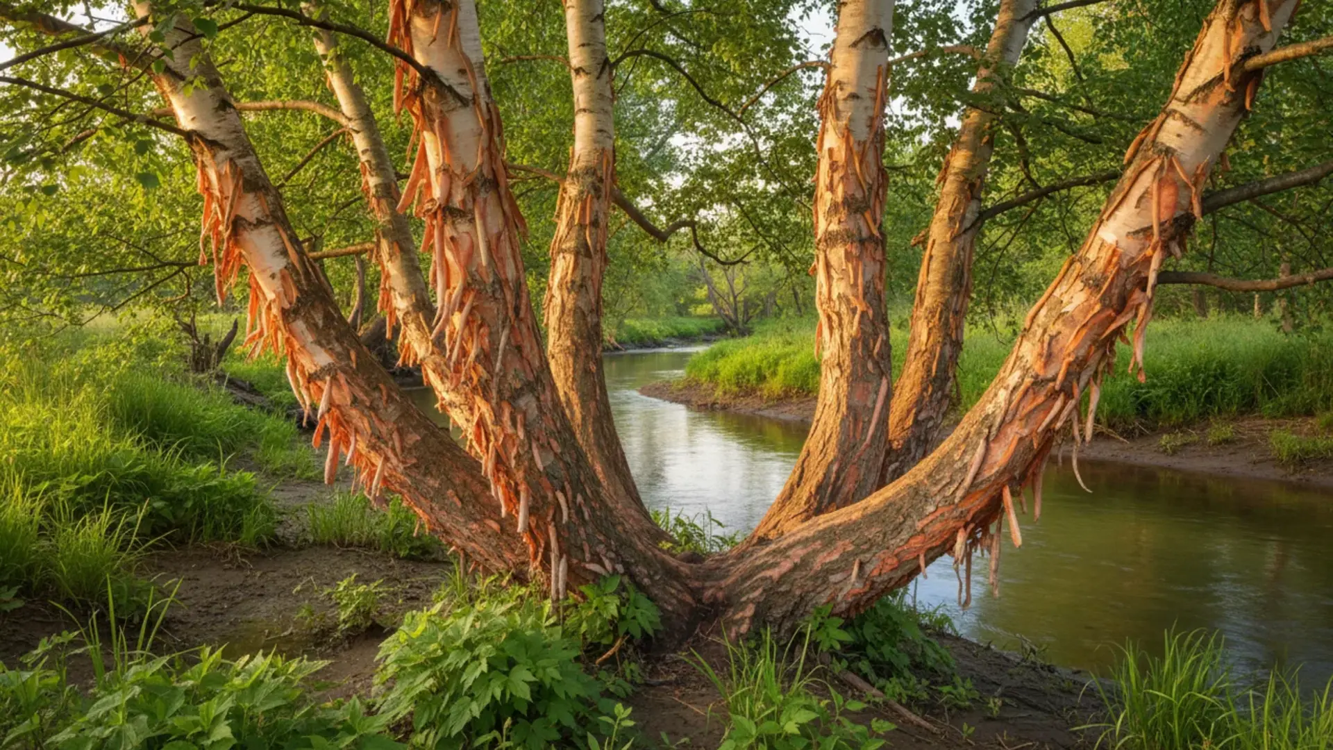 multi-stemmed river birch with curling copper bark grows beside a calm pond in a green landscaped area