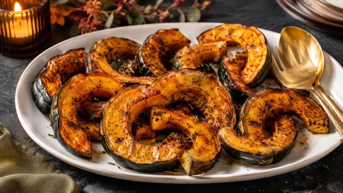 winter vegetables roasted acorn squash slices with herbs on a white platter and warm fall table setting
