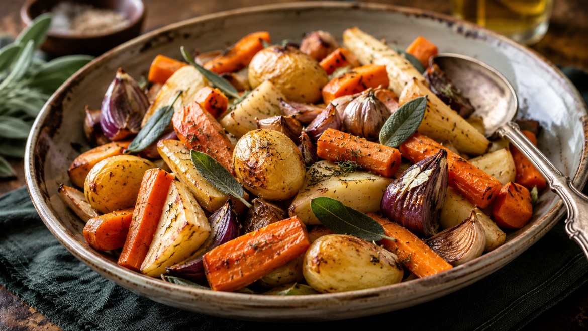 winter vegetables roasted with carrots parsnips potatoes red onion garlic and sage in a cozy serving bowl