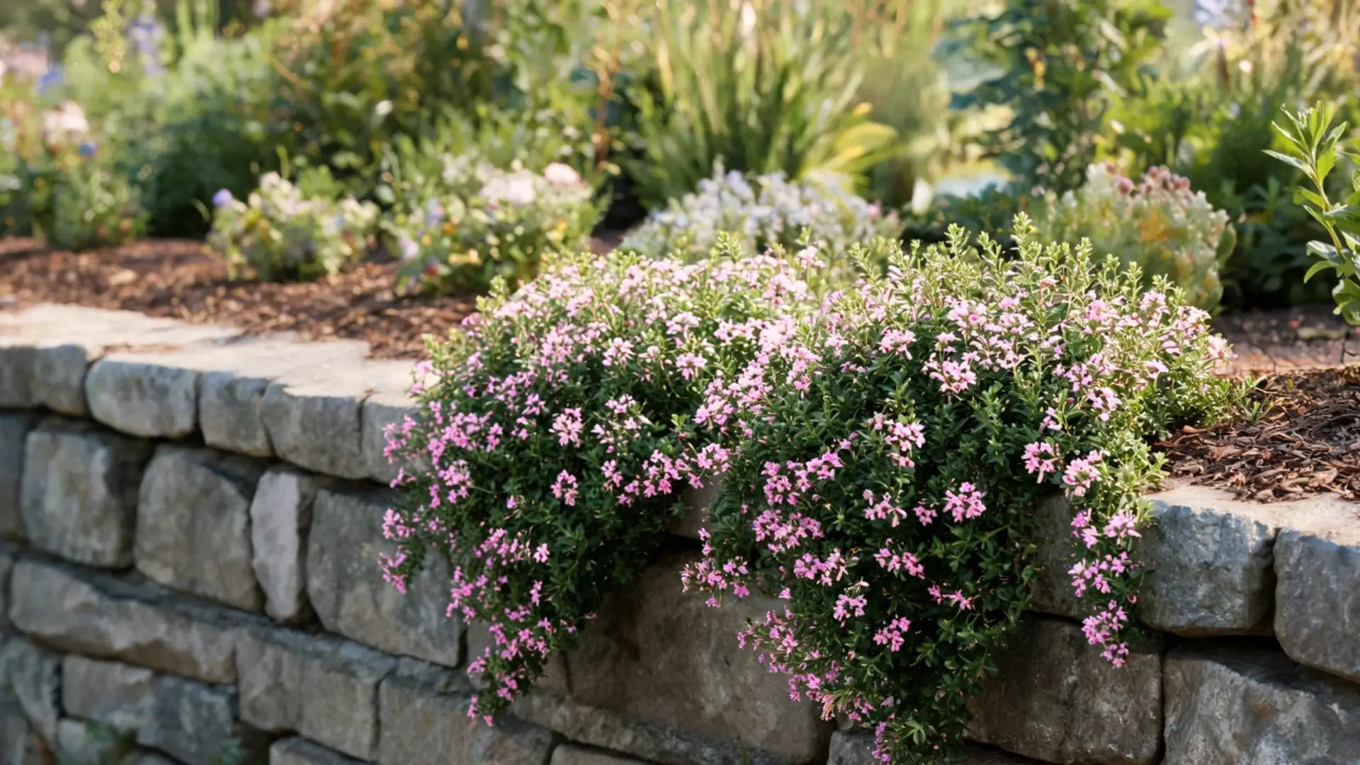 rock soapwort spilling over a stone wall and covered in small clustered pink summer flowers