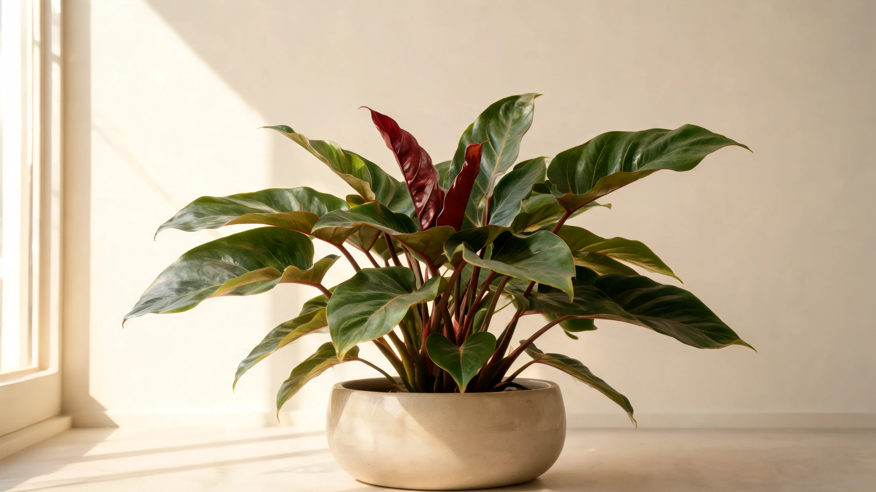rojo congo philodendron with broad dark green leaves and maroon new growth in a spreading form