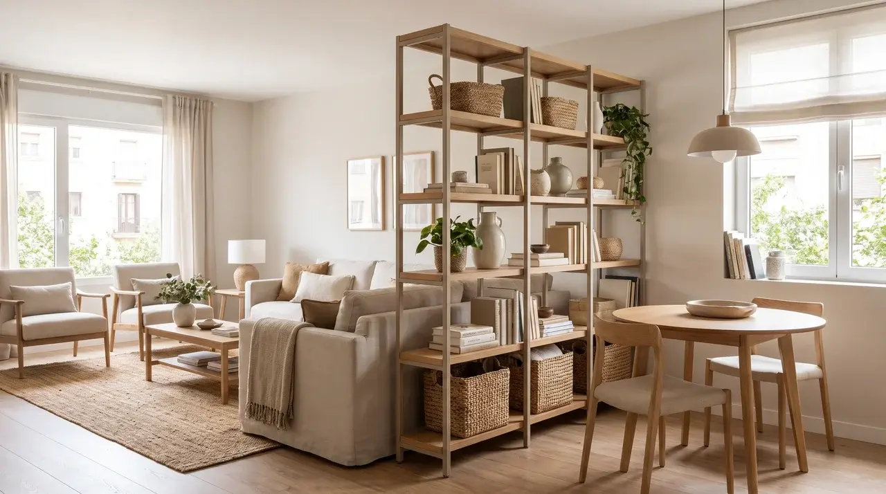 a room divider shelving unit separating a living space while displaying books plants and decor items
