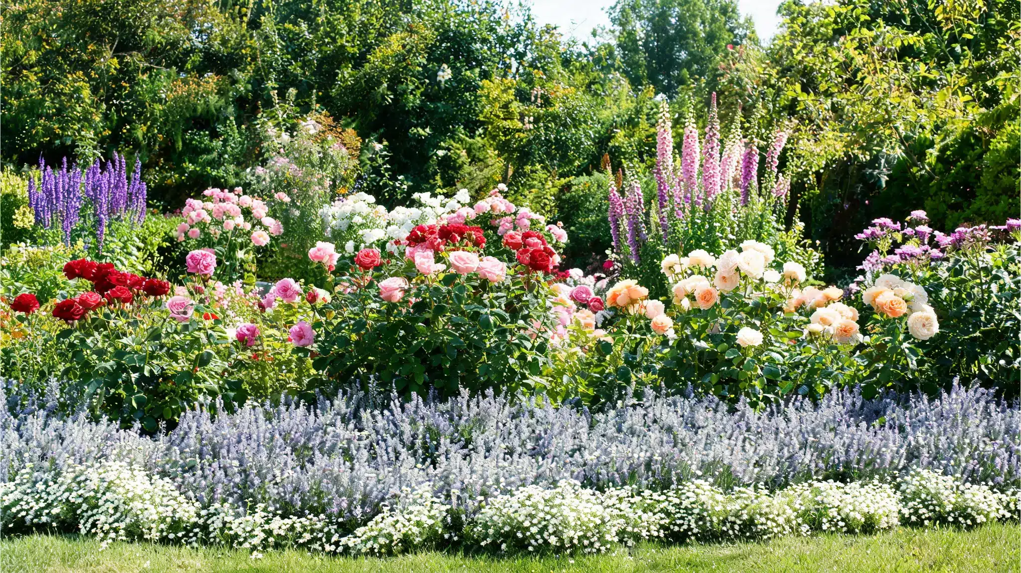 rose companion plants creating a fuller layered rose bed