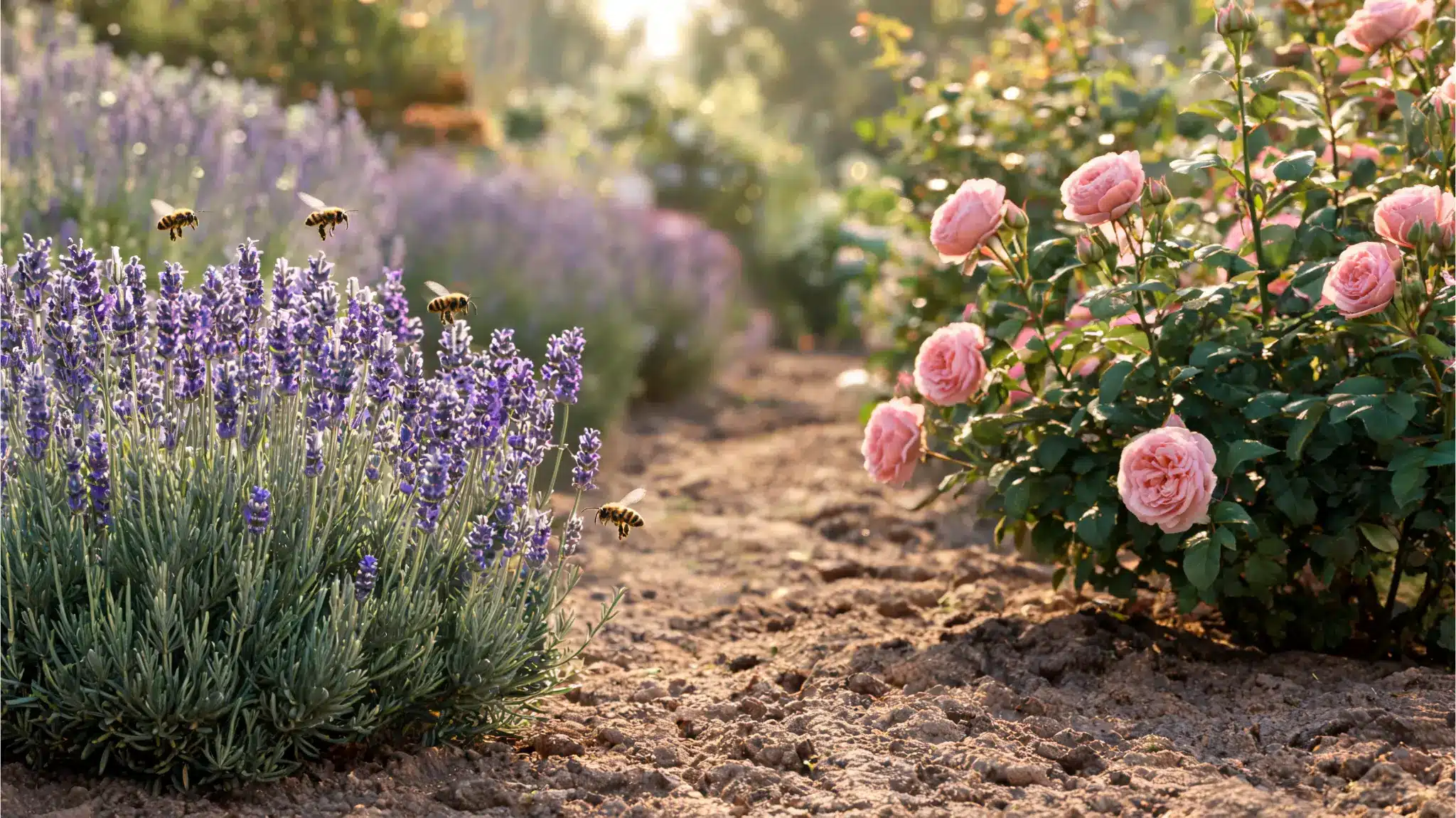 rose companion plants growing around pink and white roses in a sunny garden bed