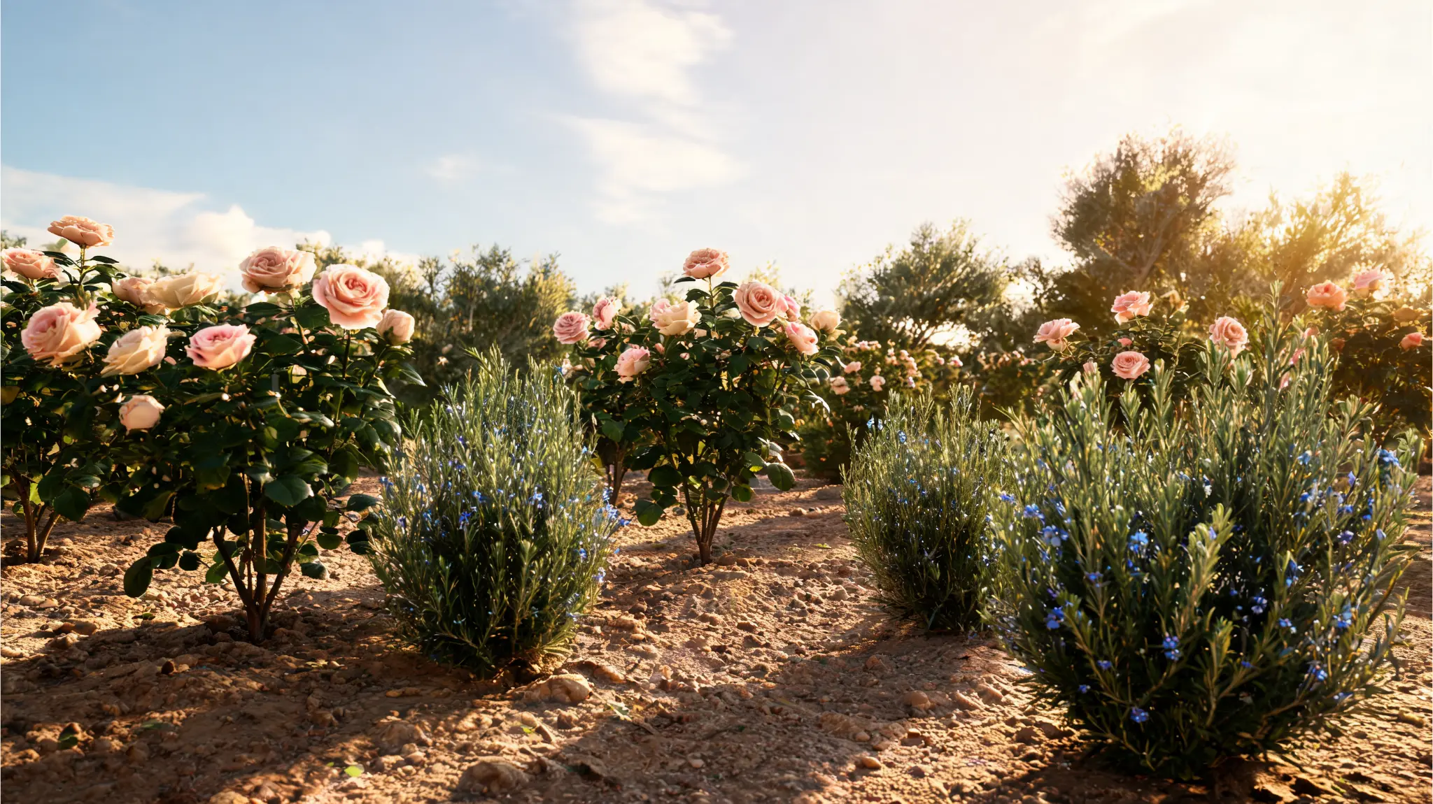 rosemary planted near roses in a sunny garden