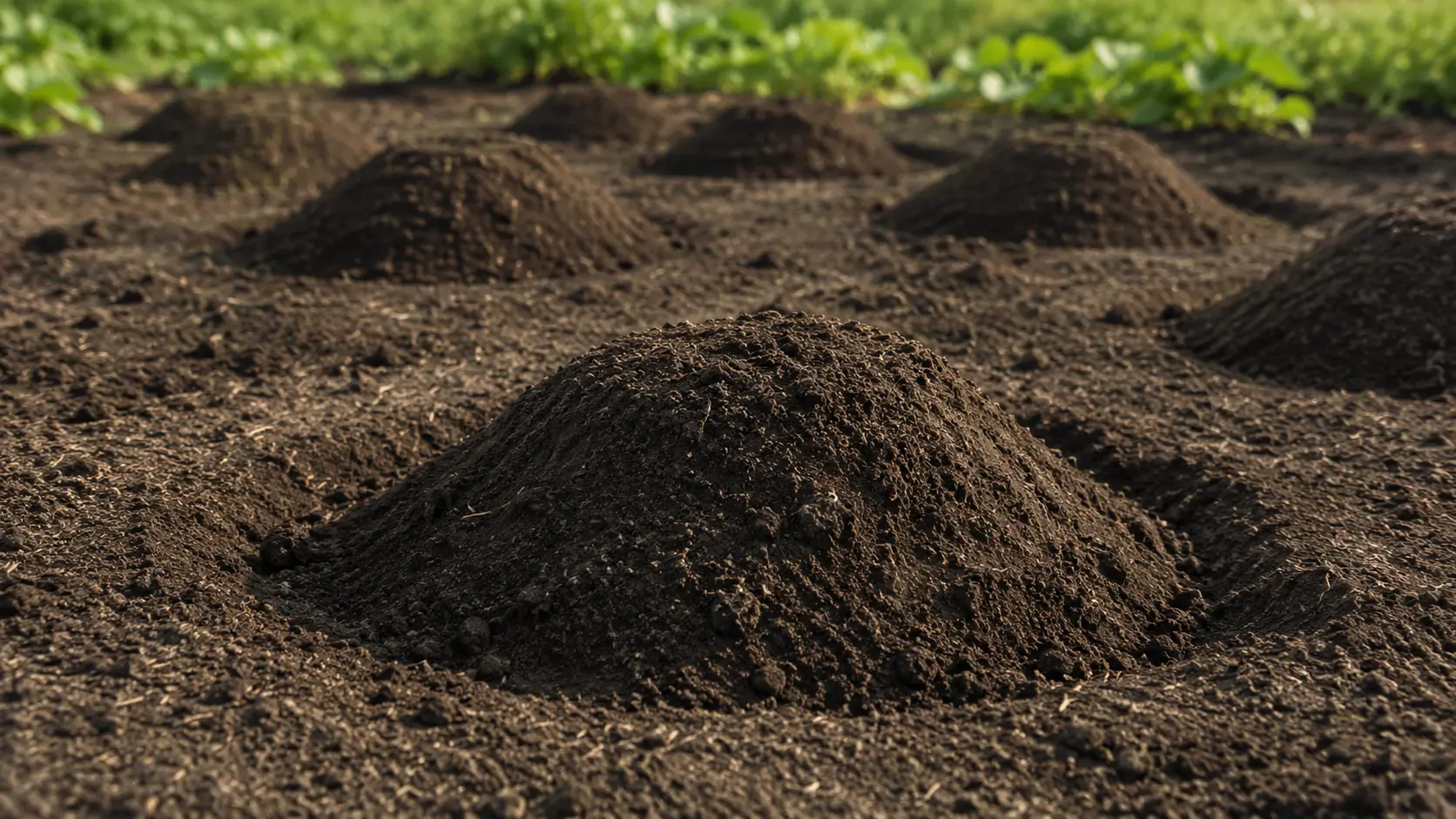 rows of raised soil mounds prepared evenly across a sunny garden bed for planting watermelon seeds