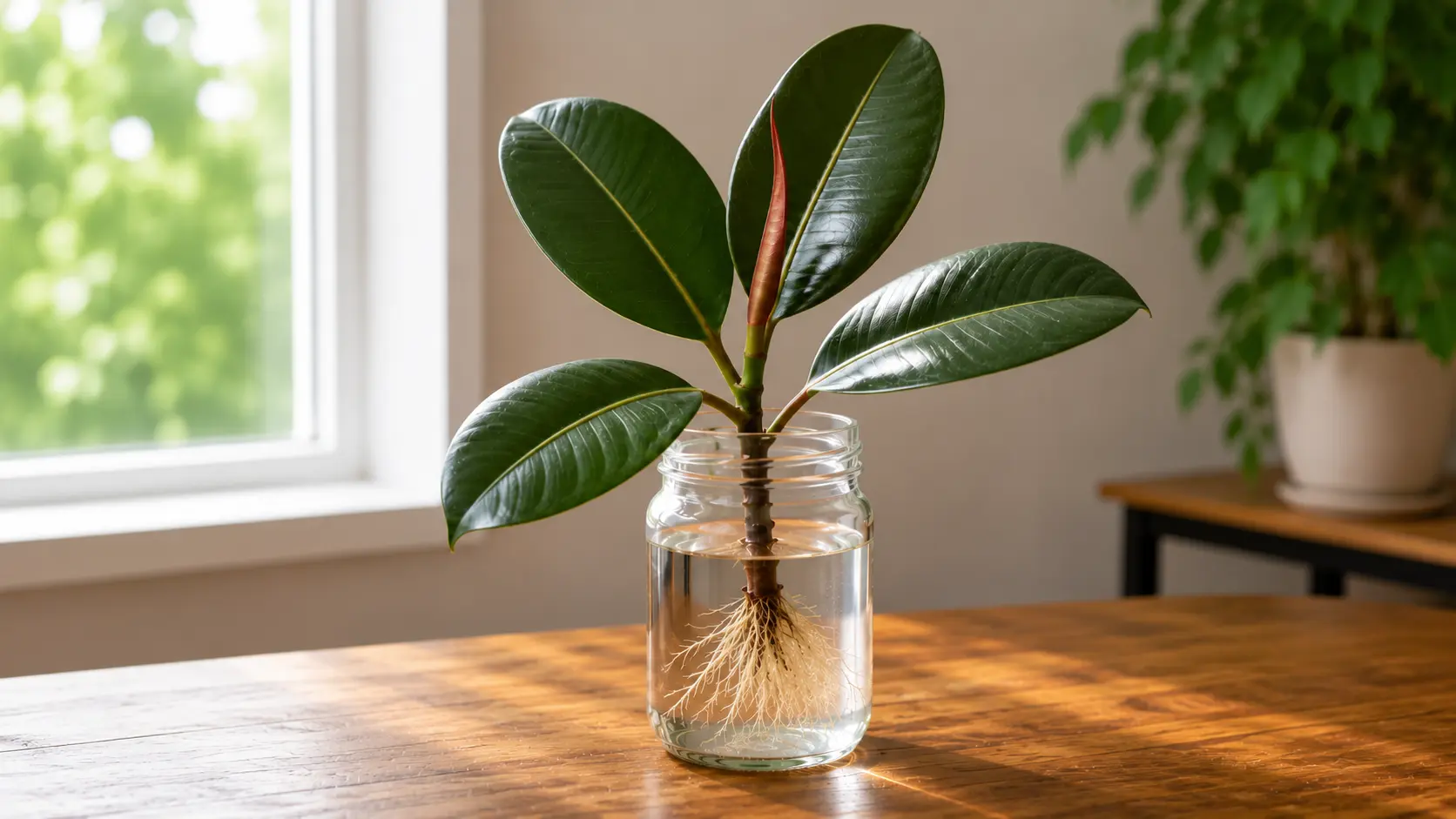 broad, dark green glossy leaves standing upright in a sleek pot