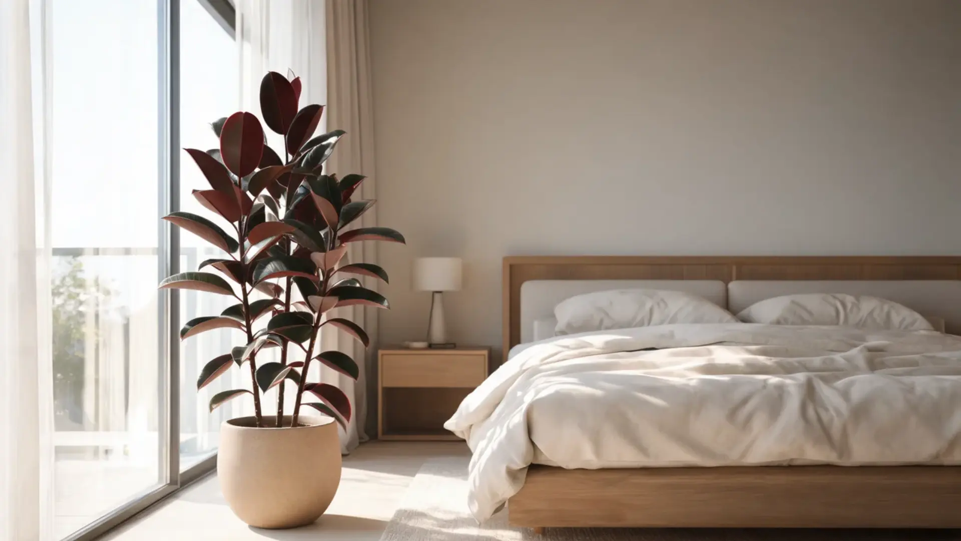 rubber plant with dark burgundy leaves in a floor pot beside a bright window and a neutral bed