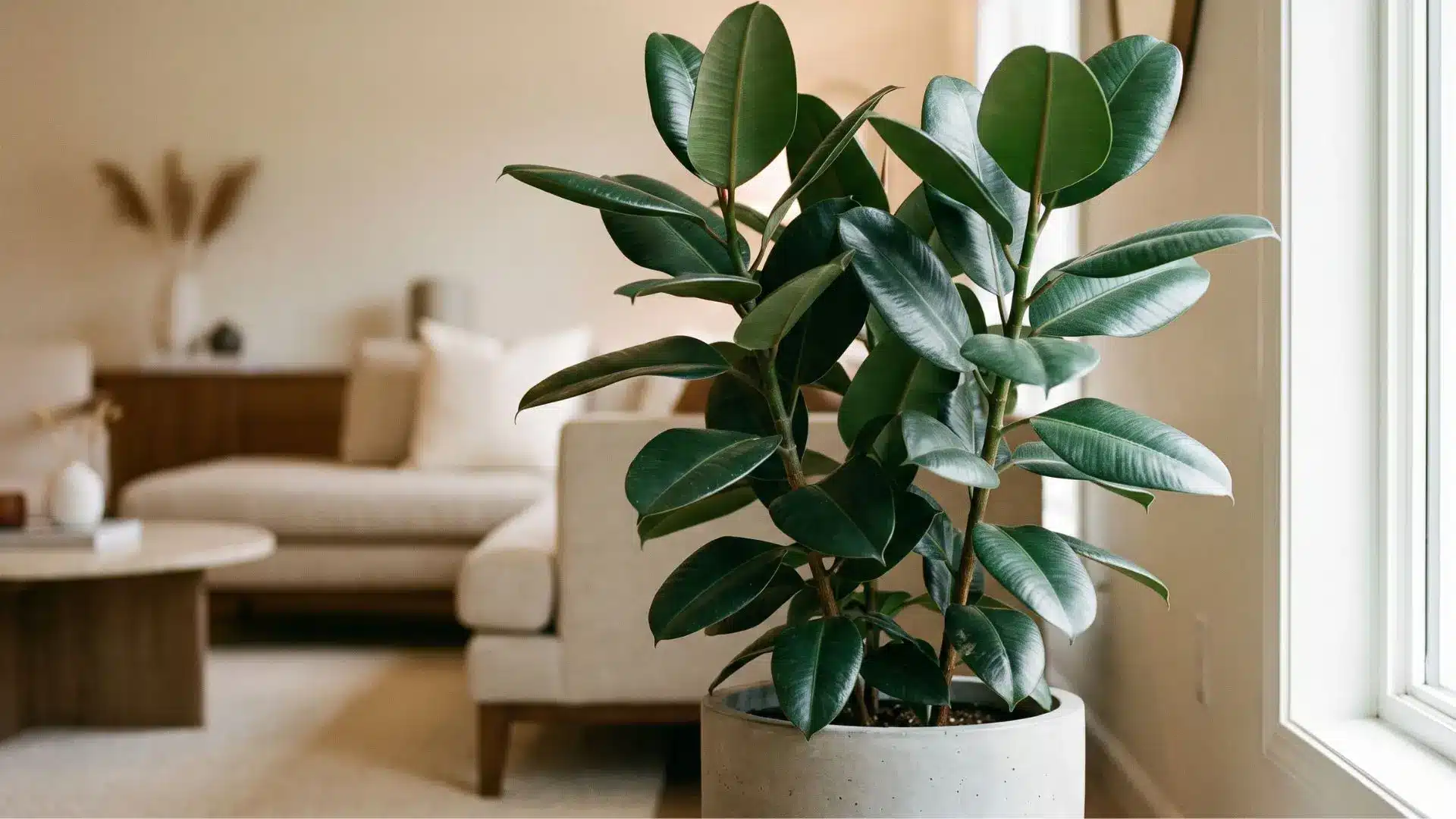healthy rubber plant with broad glossy green leaves in a white floor pot beside a bright window