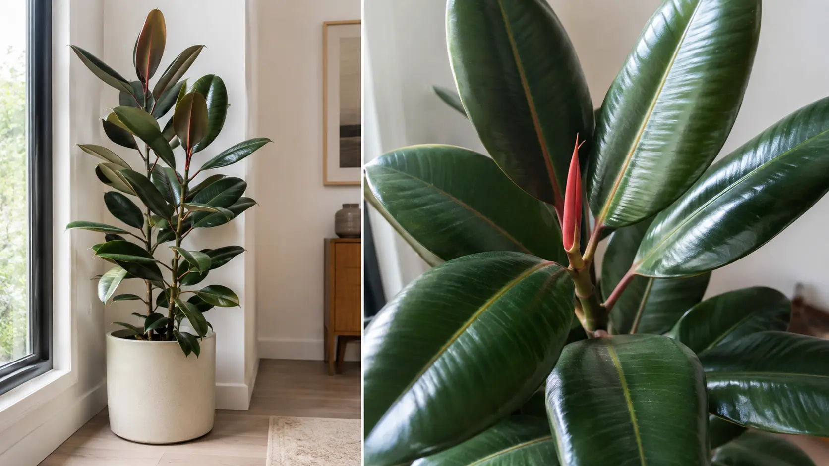 rubber tree fig with thick glossy dark green leaves and red new growth beside a bright indoor window