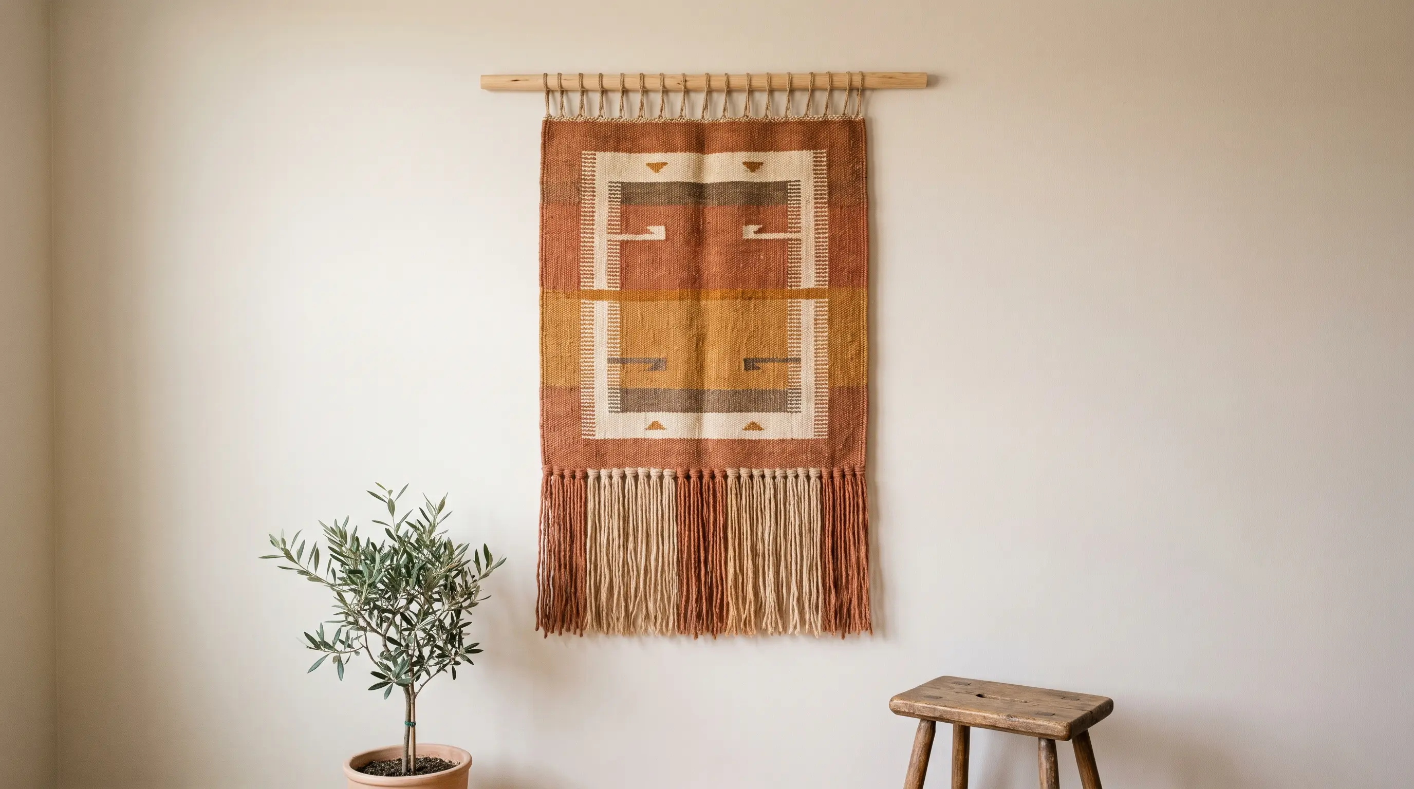 a small unused rug mounted flat onto a wood support and hung up on a wall as a woven tapestry