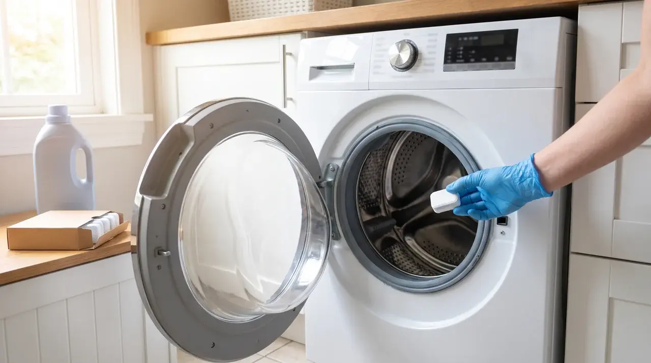 hand placing a cleaning tablet inside an empty washing machine drum before starting a hot cycle