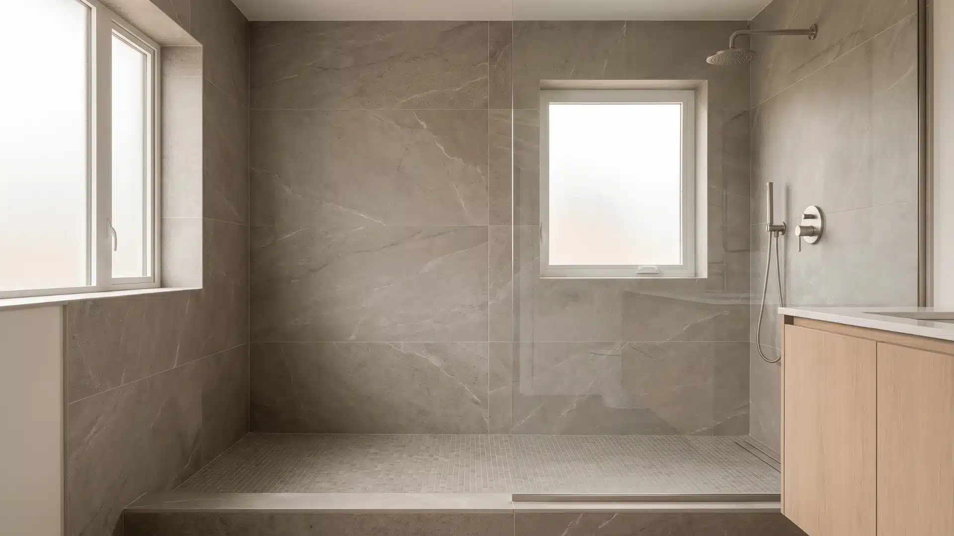 doorless shower with large-format gray tile from floor to ceiling