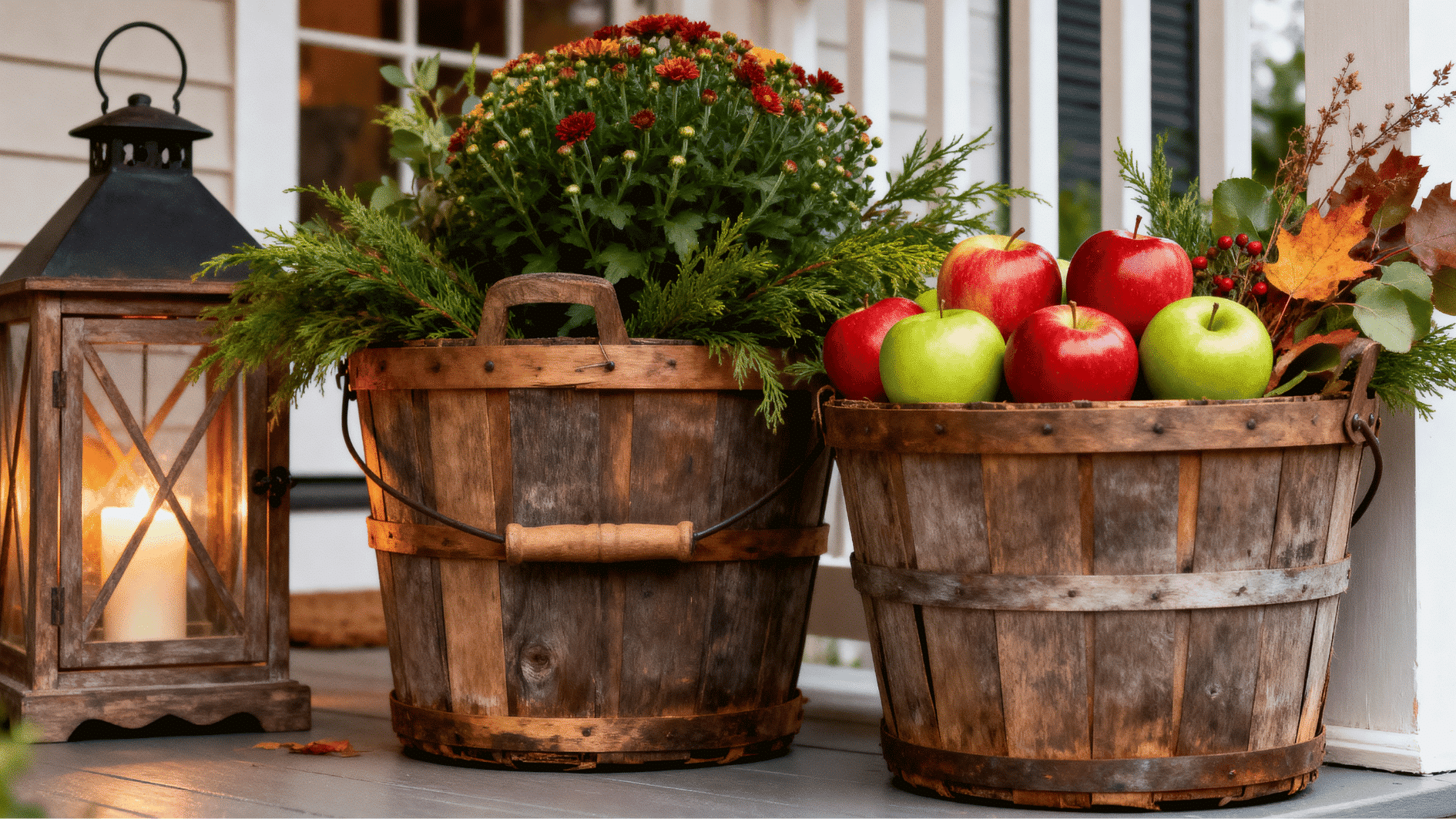 rustic apple baskets with greenery, lanterns, and colorful apples arranged on a charming autumn porch.