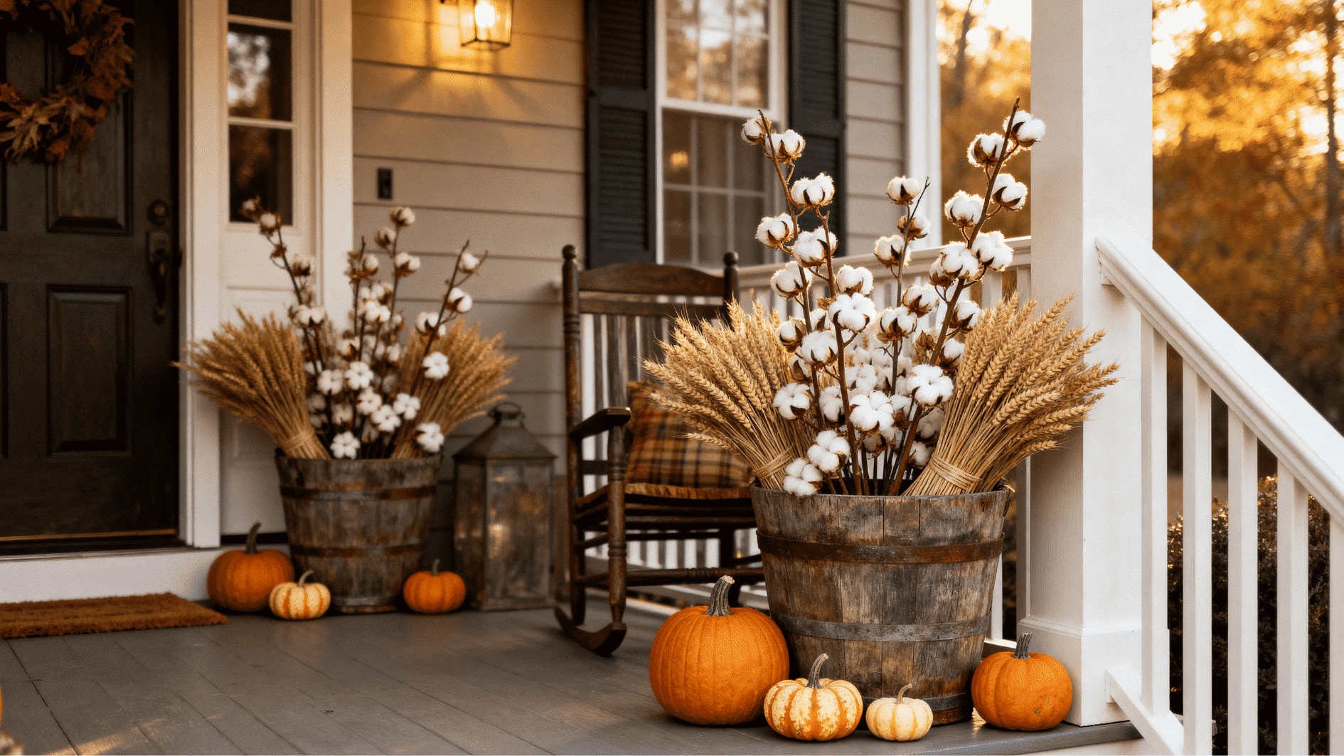 rustic porch planters with cotton stems, wheat bundles, and pumpkins in warm golden autumn sunlight.
