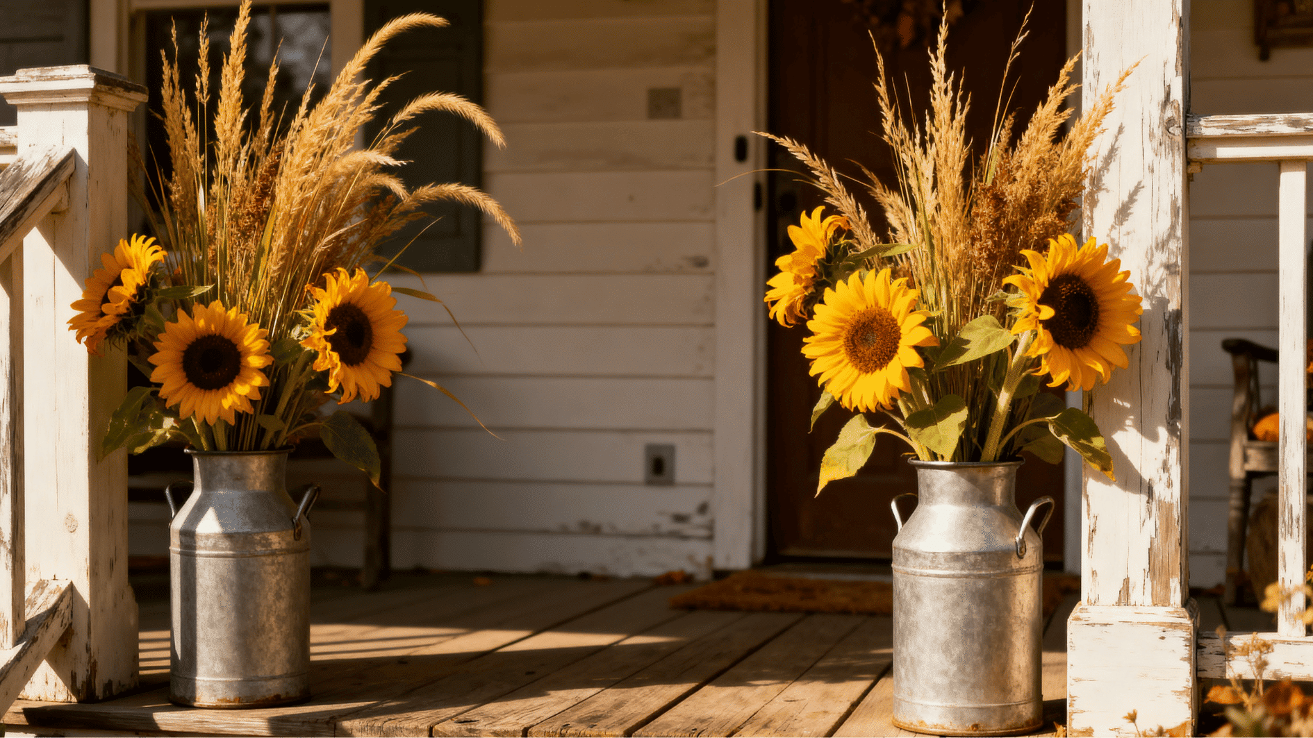 rustic porch with vintage milk cans holding sunflowers and tall dried grasses beside a farmhouse door in autumn light. (1)