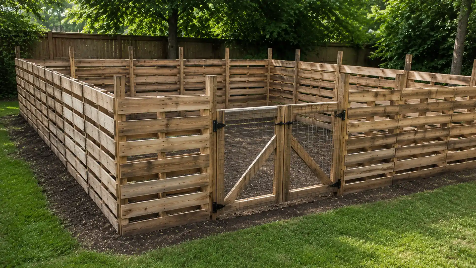 rustic wood pallet fence enclosing a backyard vegetable garden with a wire mesh gate