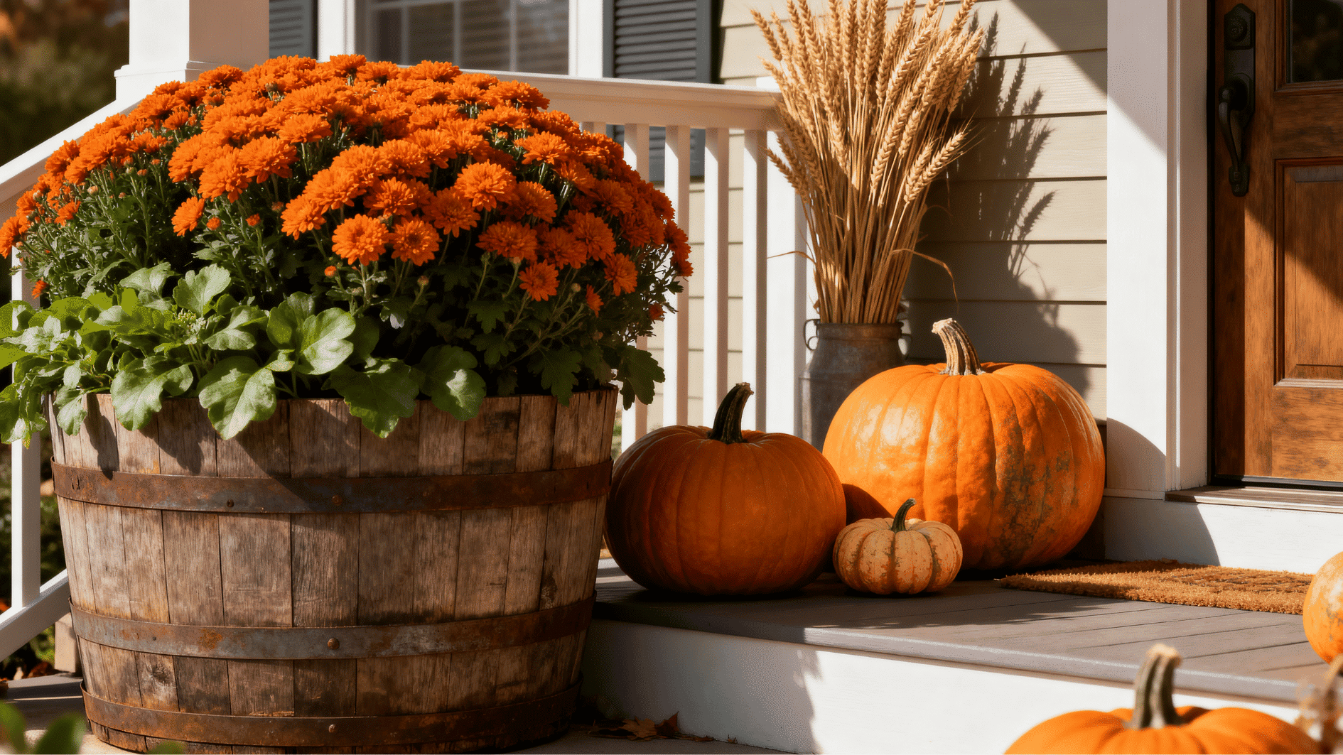 rustic wooden barrel planter with orange mums, pumpkins, and wheat decor on a cozy farmhouse fall porch.