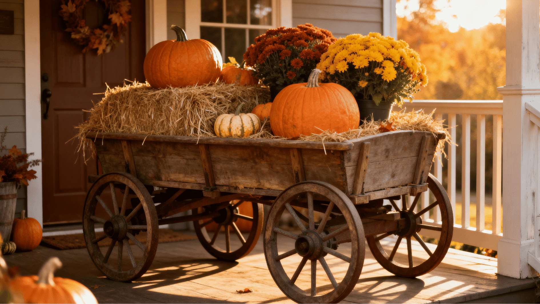 rustic wooden wagon filled with hay, pumpkins, and mums creating a charming harvest porch arrangement.