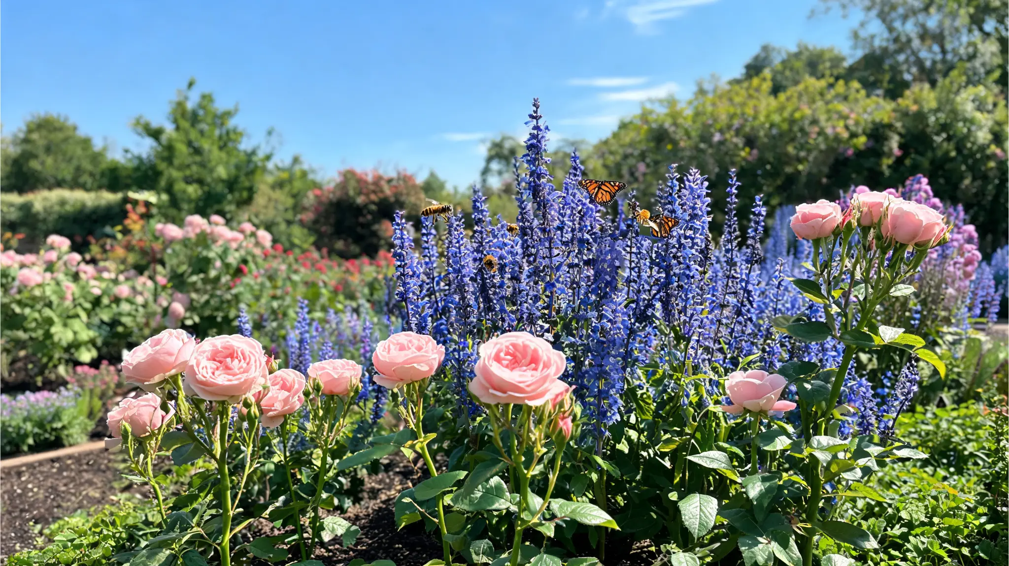 salvia growing with roses in a layered flower bed (1)