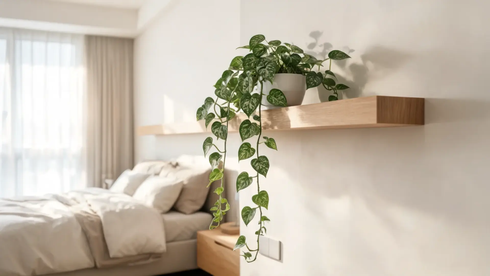 satin pothos with silver marked leaves trailing from a wooden shelf above a softly lit neutral bed