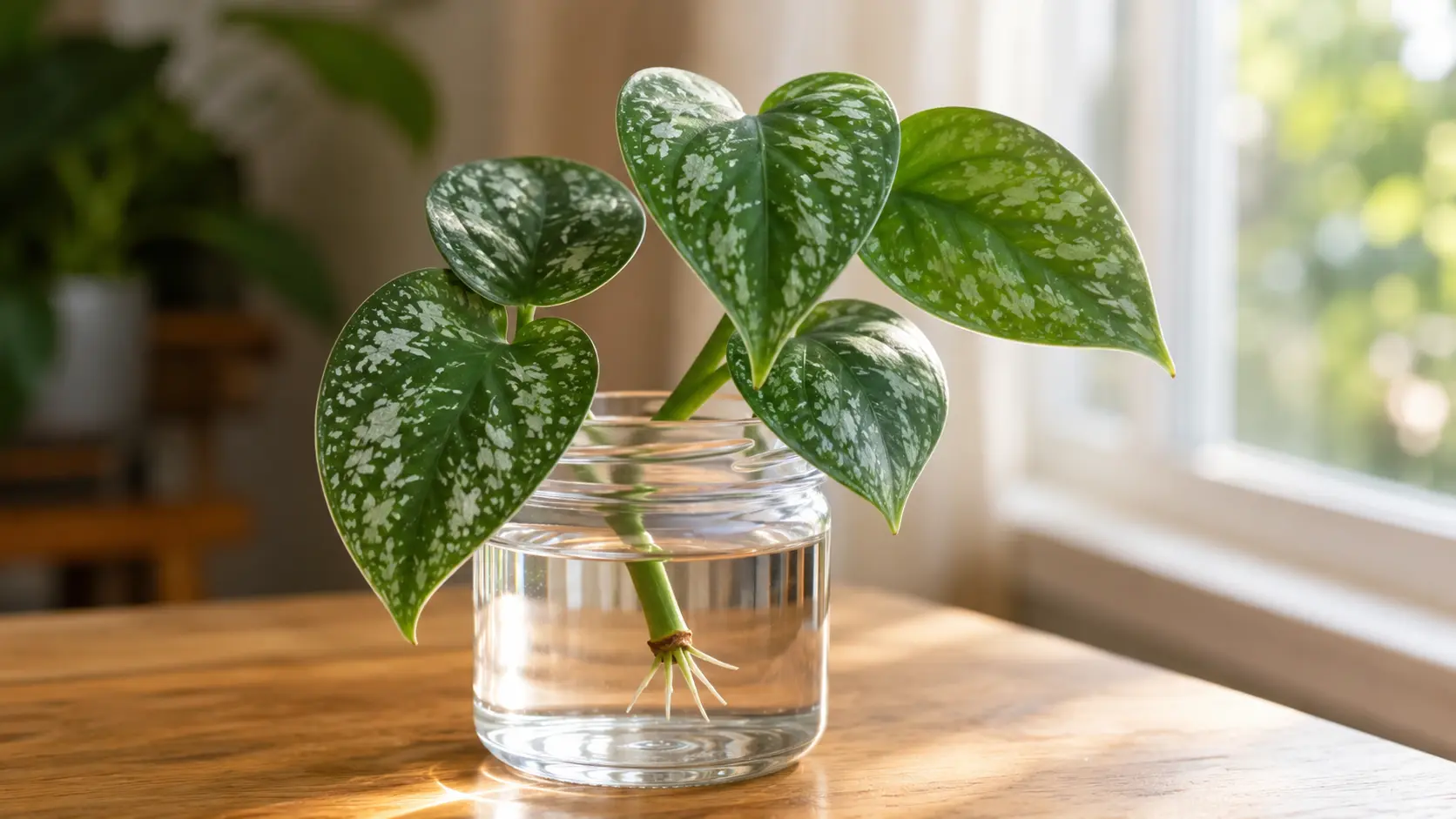 satin pothos cuttings with silver-speckled heart leaves growing in a small glass jar of water