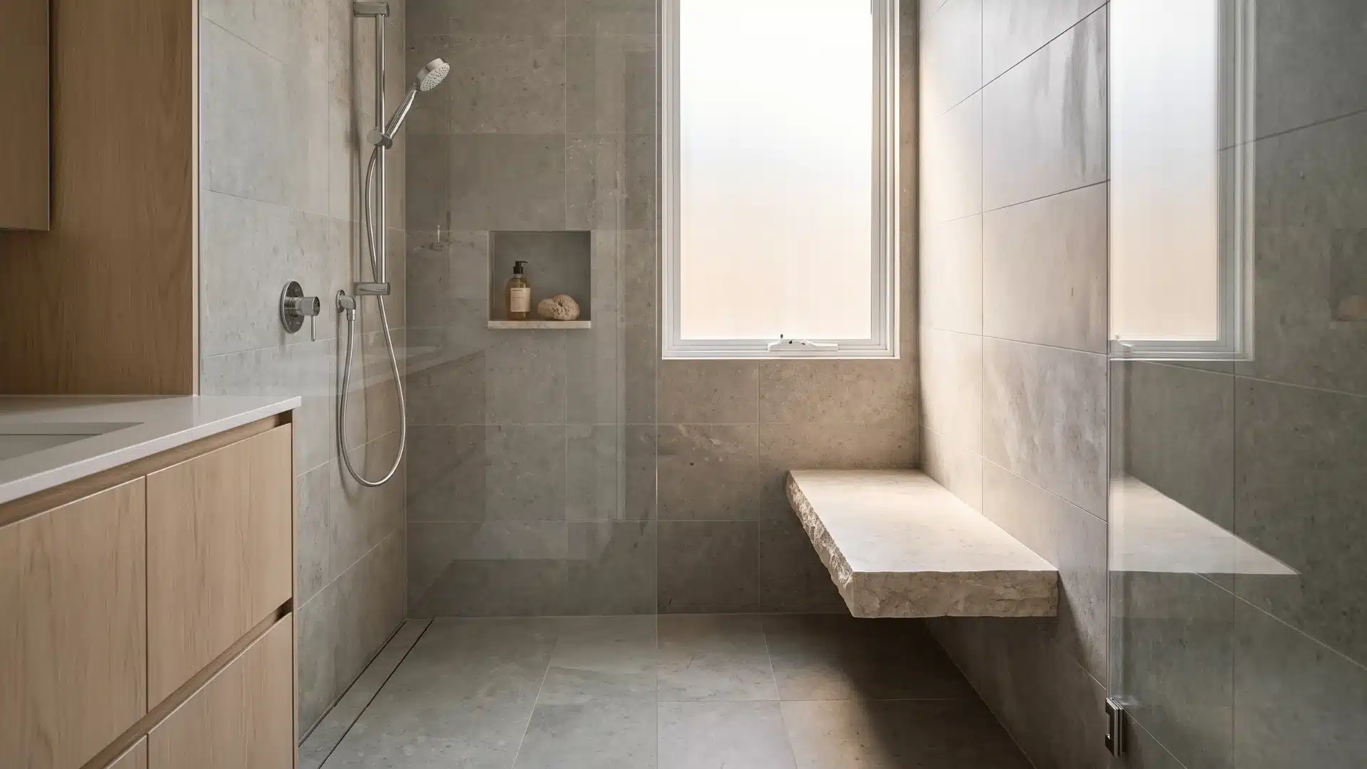 floating wall-mounted shower bench with open space underneath