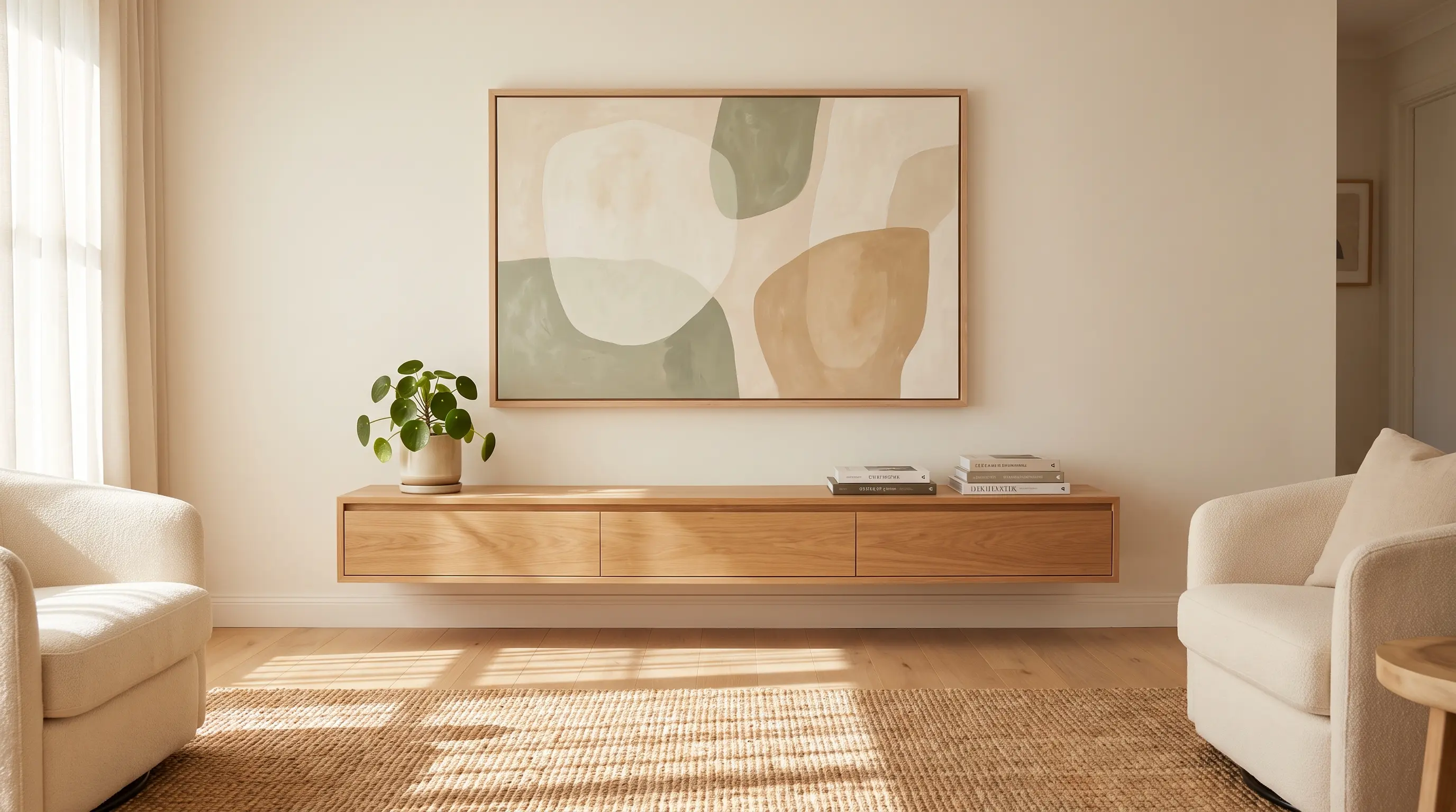 a wood hoop wrapped with yarn beads and brass details forming a light minimal wall hanging