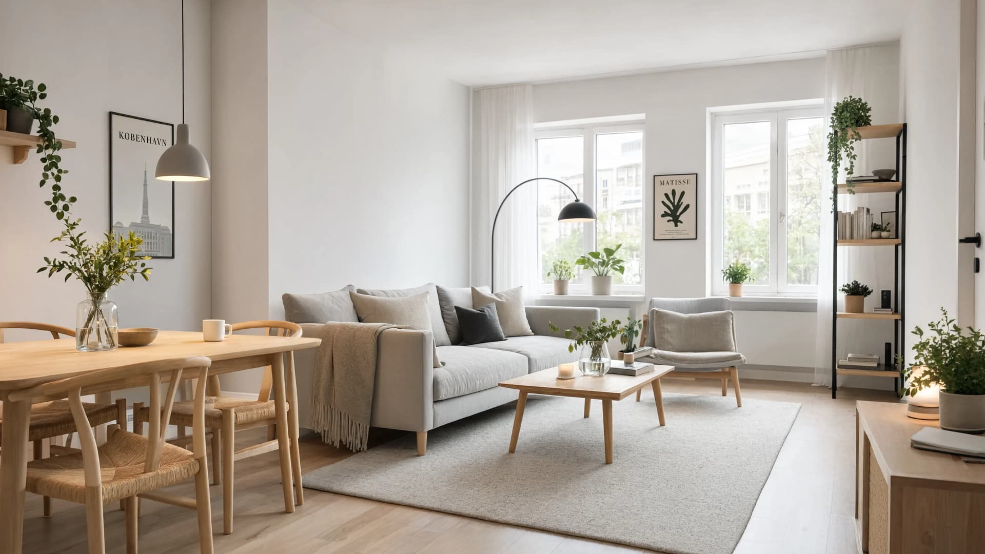 scandinavian apartment design with natural light, light wood and calm minimal functional space