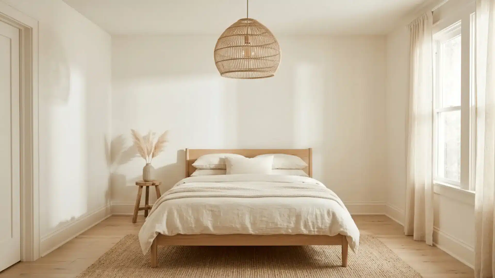 scandinavian bedroom color drenched in warm off-white with wood and linen accents