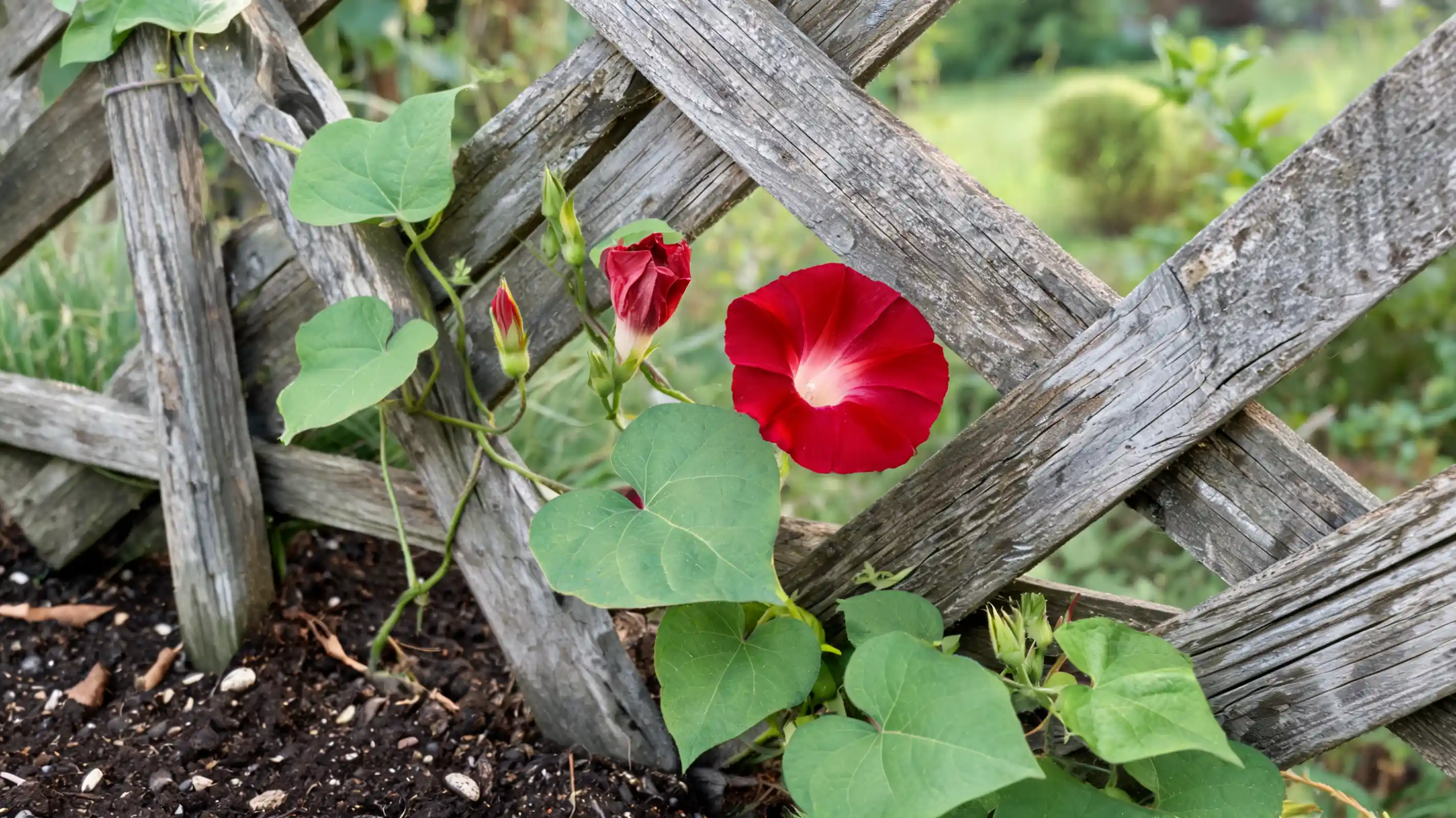scarlett ohara morning glory with crimson trumpet flowers climbing naturally across a wooden garden trellis