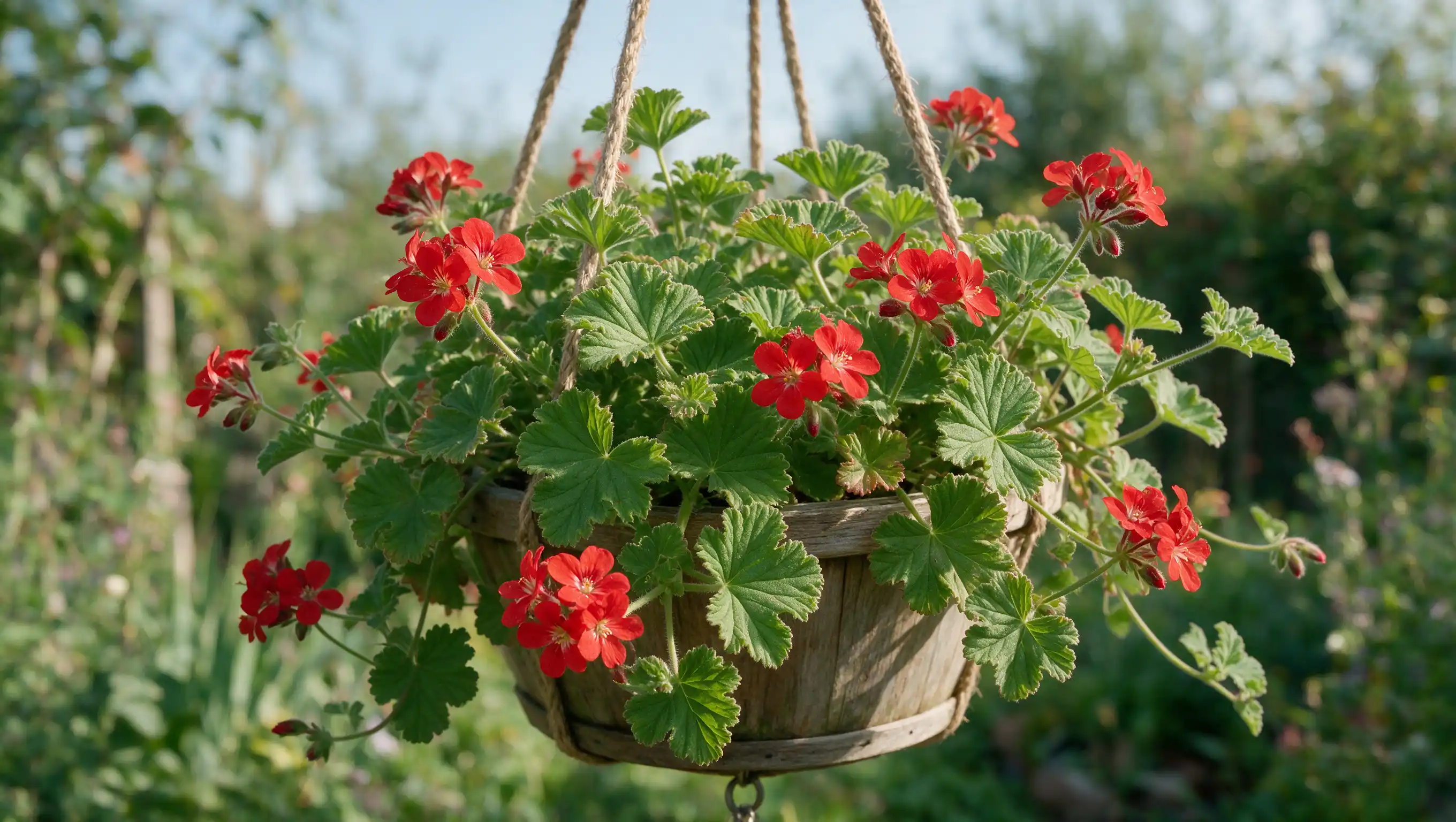 scented geranium plant with ruffled green leaves and small red flowers growing in a hanging basket