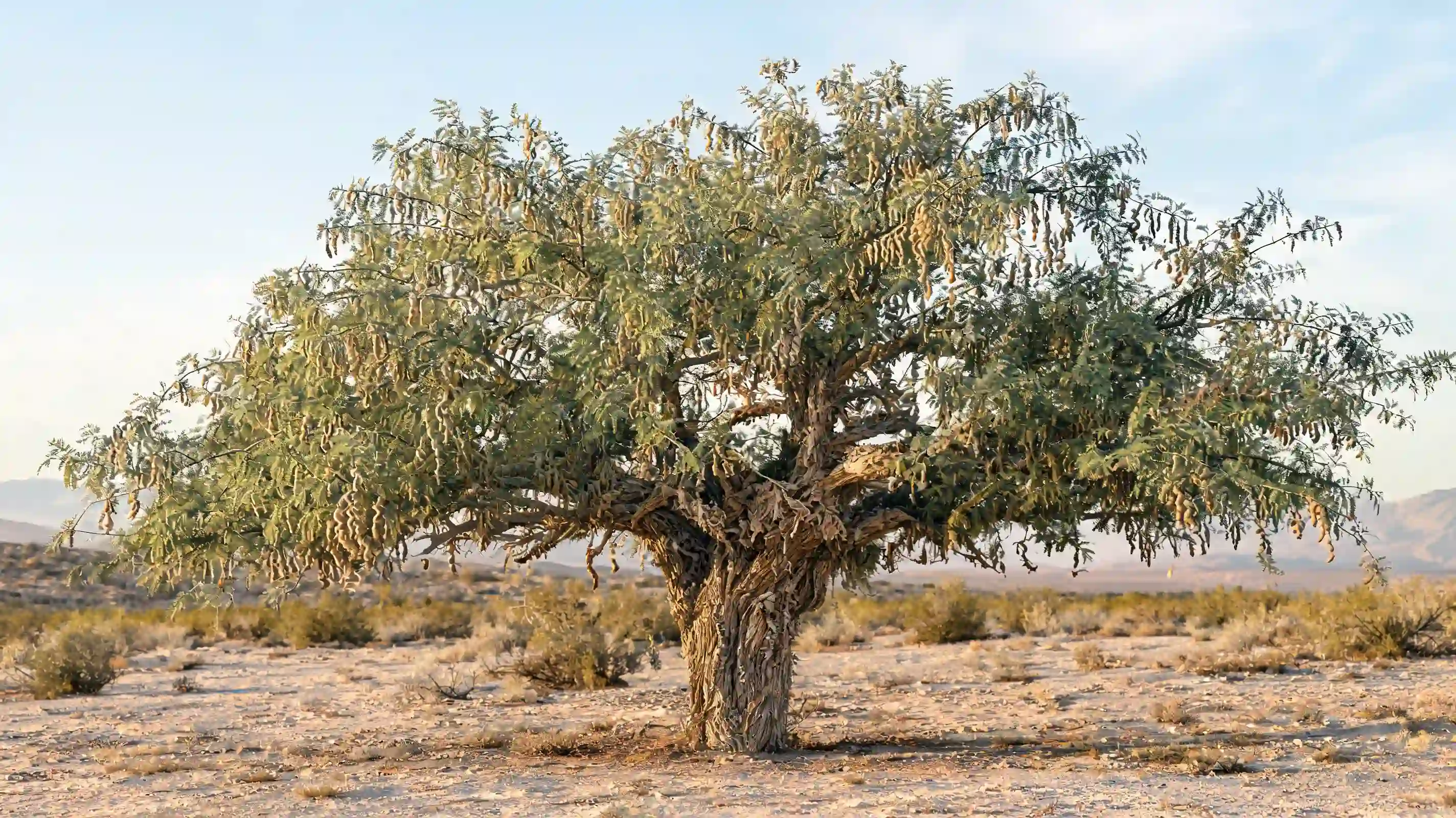 screwbean mesquite with shaggy bark gray green leaves and twisted pods in a dry desert setting
