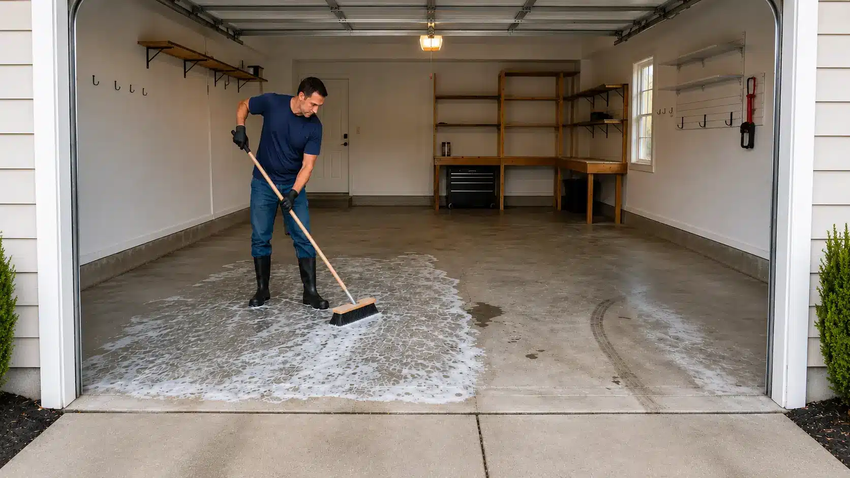 man scrubbing a soapy concrete floor with a long handled brush inside an open two car garage