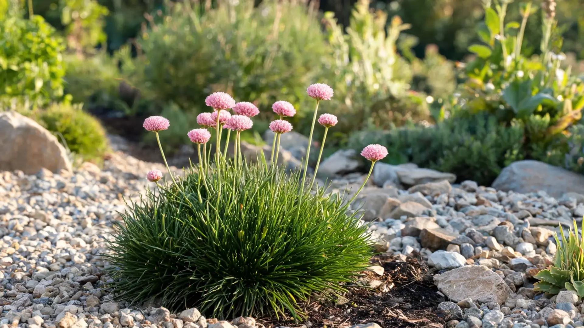 sea thrift forming grassy evergreen mounds topped with rounded pink flower clusters in a border