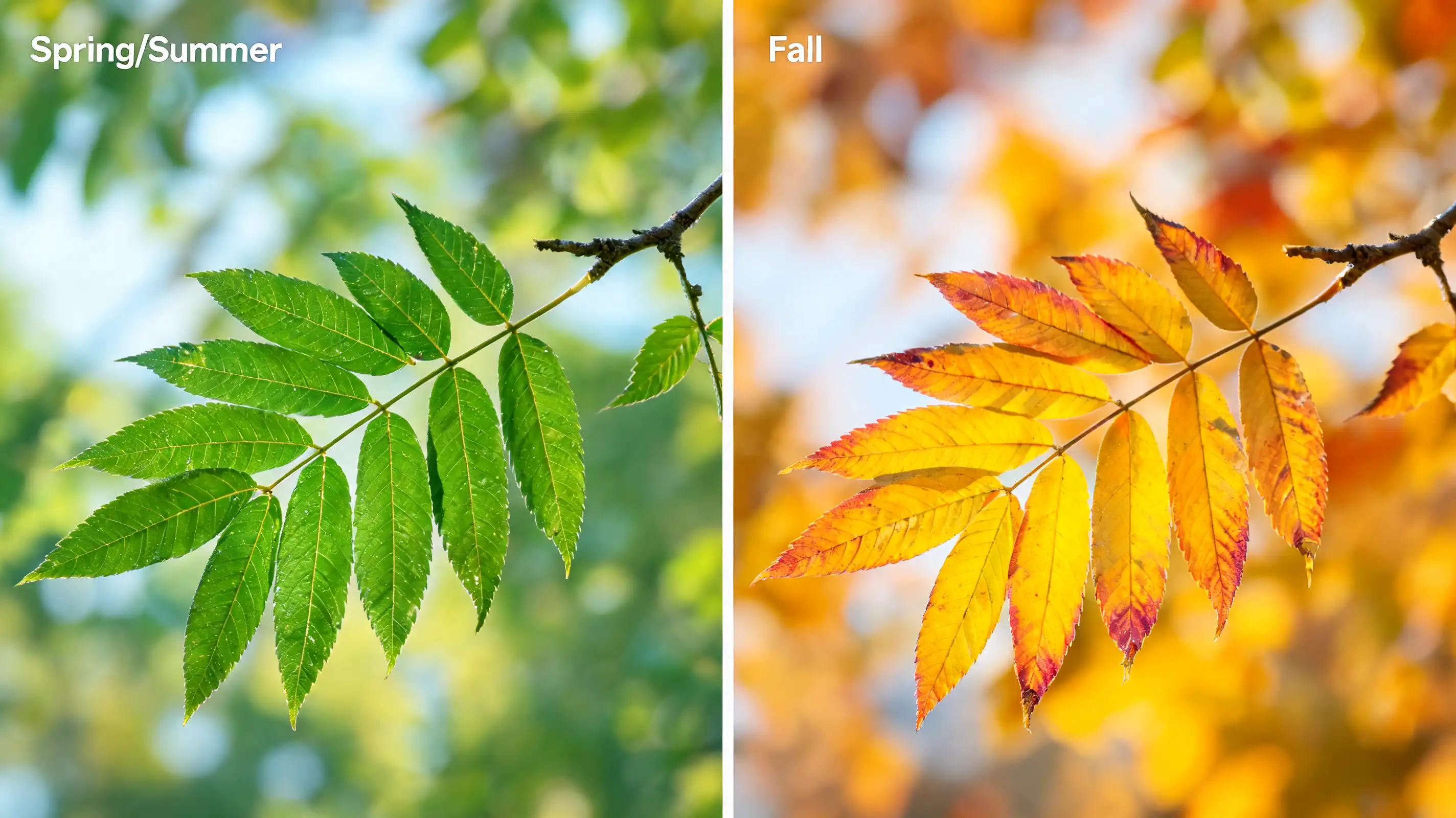 side by side comparison of compound ash leaves showing deep green in summer and golden yellow in fall