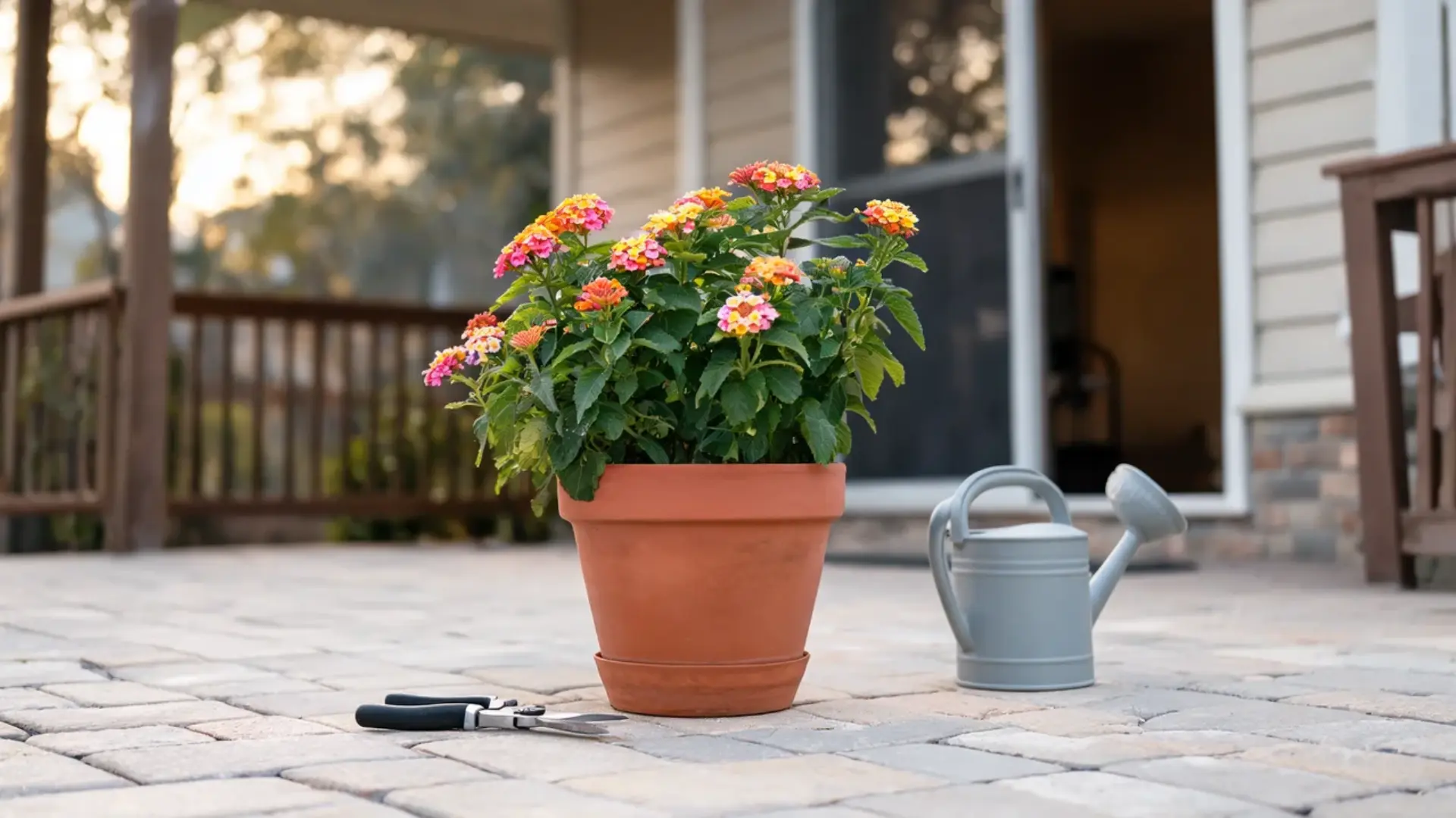 healthy potted lantana on a patio beside pruning shears and a watering can during warm weather