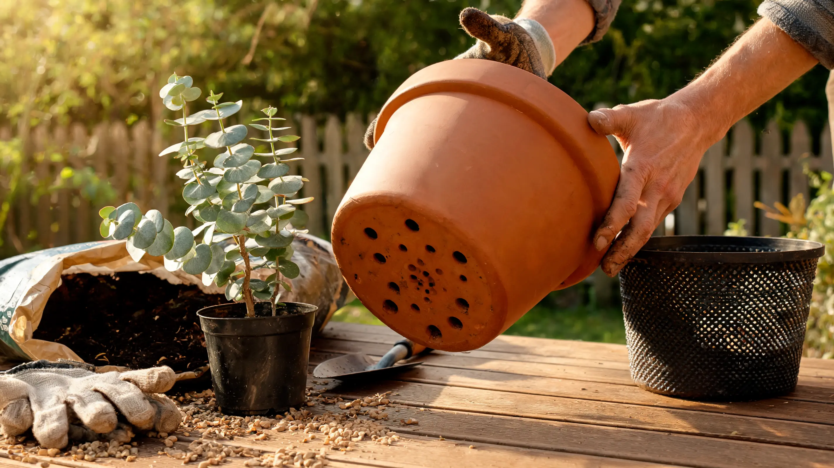 hands placing a large terracotta pot for a eucalyptus plant with drainage holes visible in garden