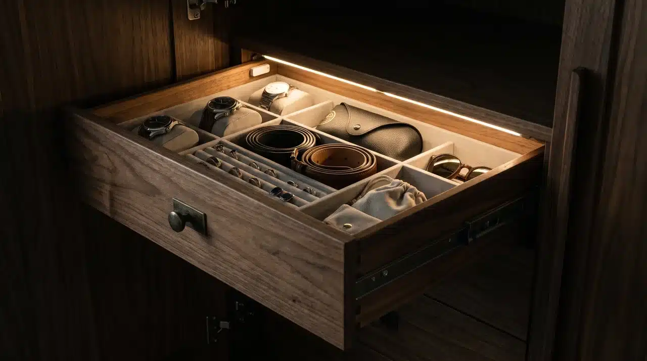 open accessory drawer with sensor activated led lighting watches belts and glasses