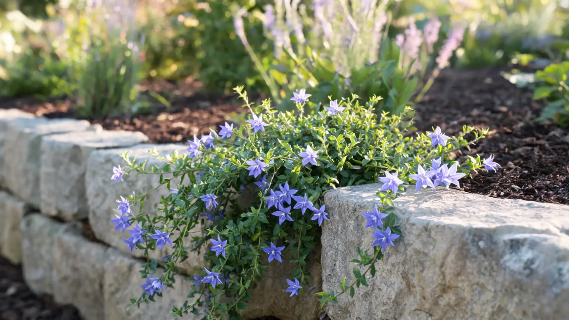 serbian bellflower cascading over a rock wall with clusters of violet blue bell shaped flowers