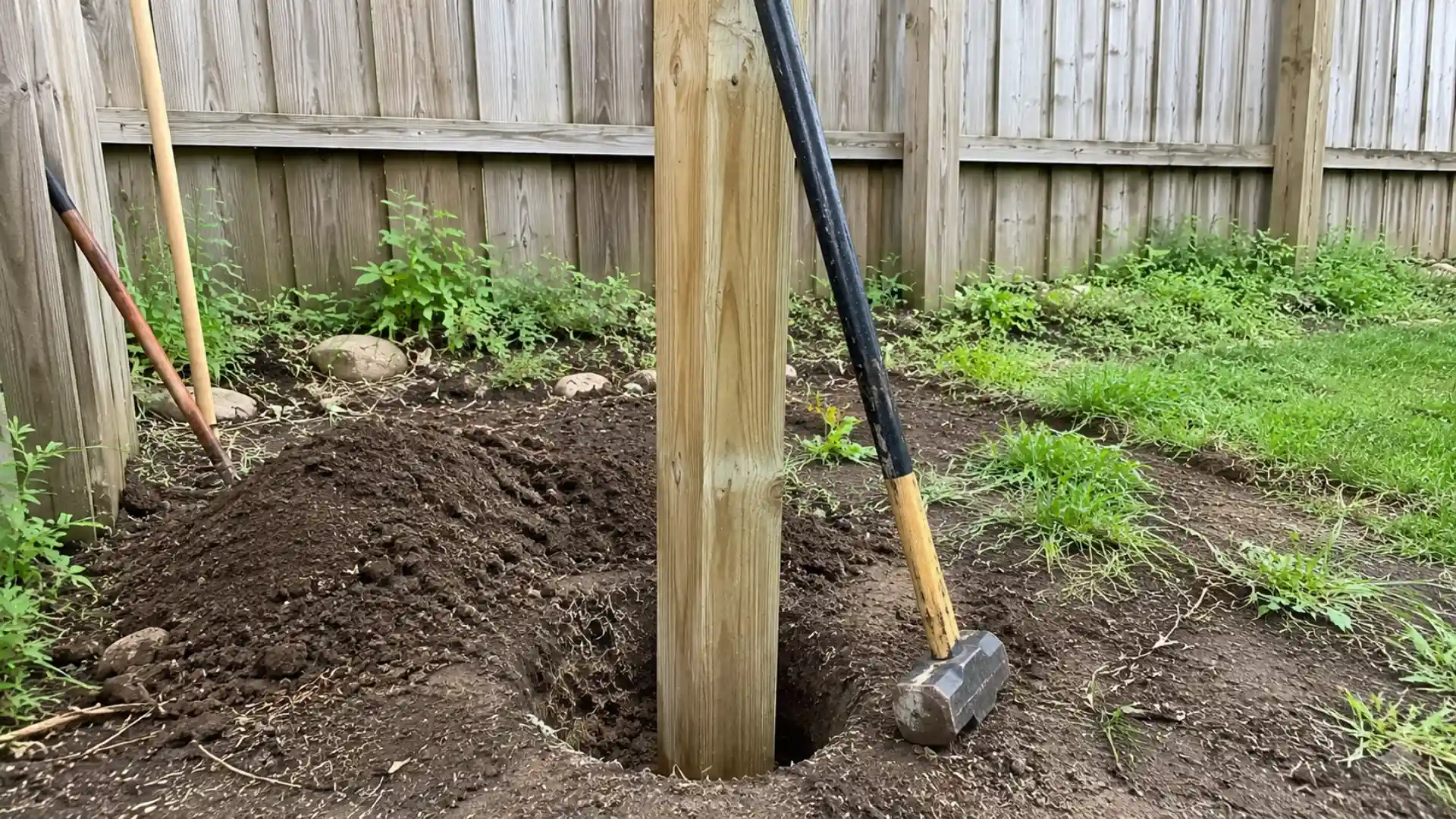 wooden fence post set into a dug hole with a sledgehammer and shovel nearby