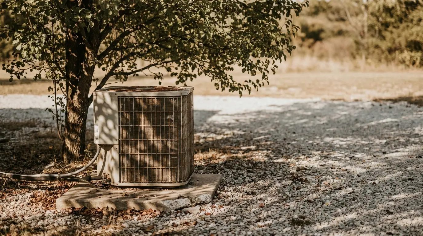 Outdoor air conditioning unit next to a tree on a gravel surface
