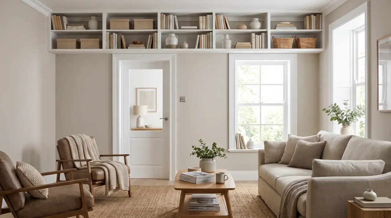 shelving installed above doors and windows making use of high wall space for extra storage