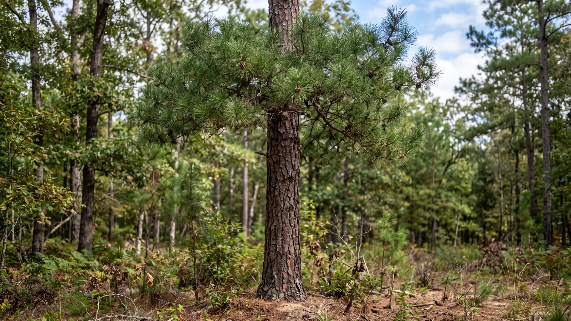 shortleaf pine with short flexible needles reddish plated bark and an open crown on rocky hillsides