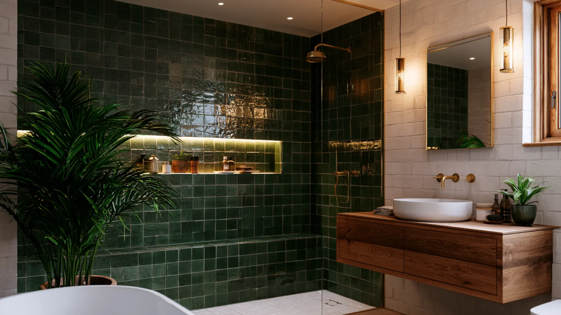 modern shower conversion featuring a recessed wall niche for bathroom storage